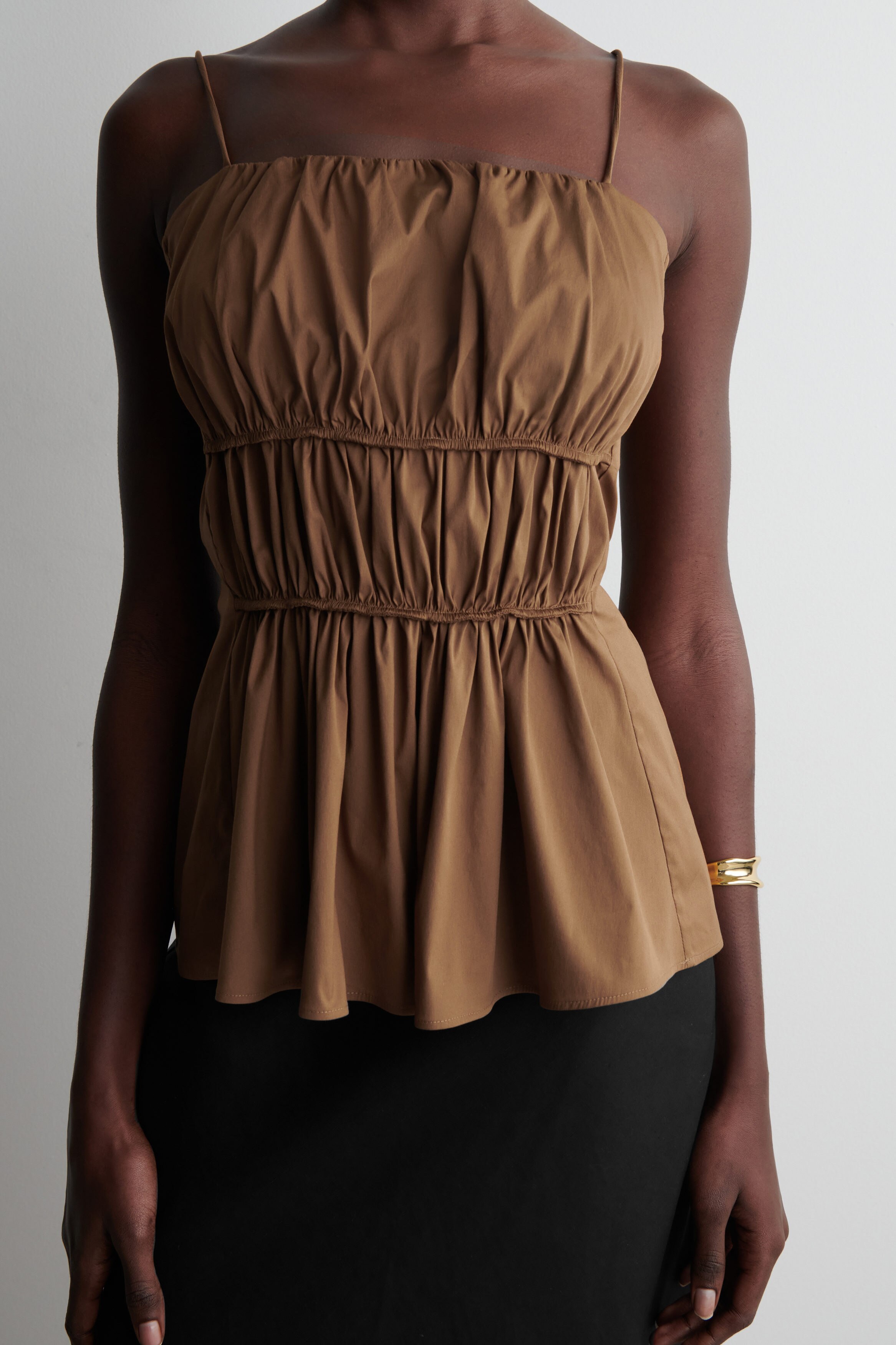 GATHERED COTTON PEPLUM TOP - BROWN | COS