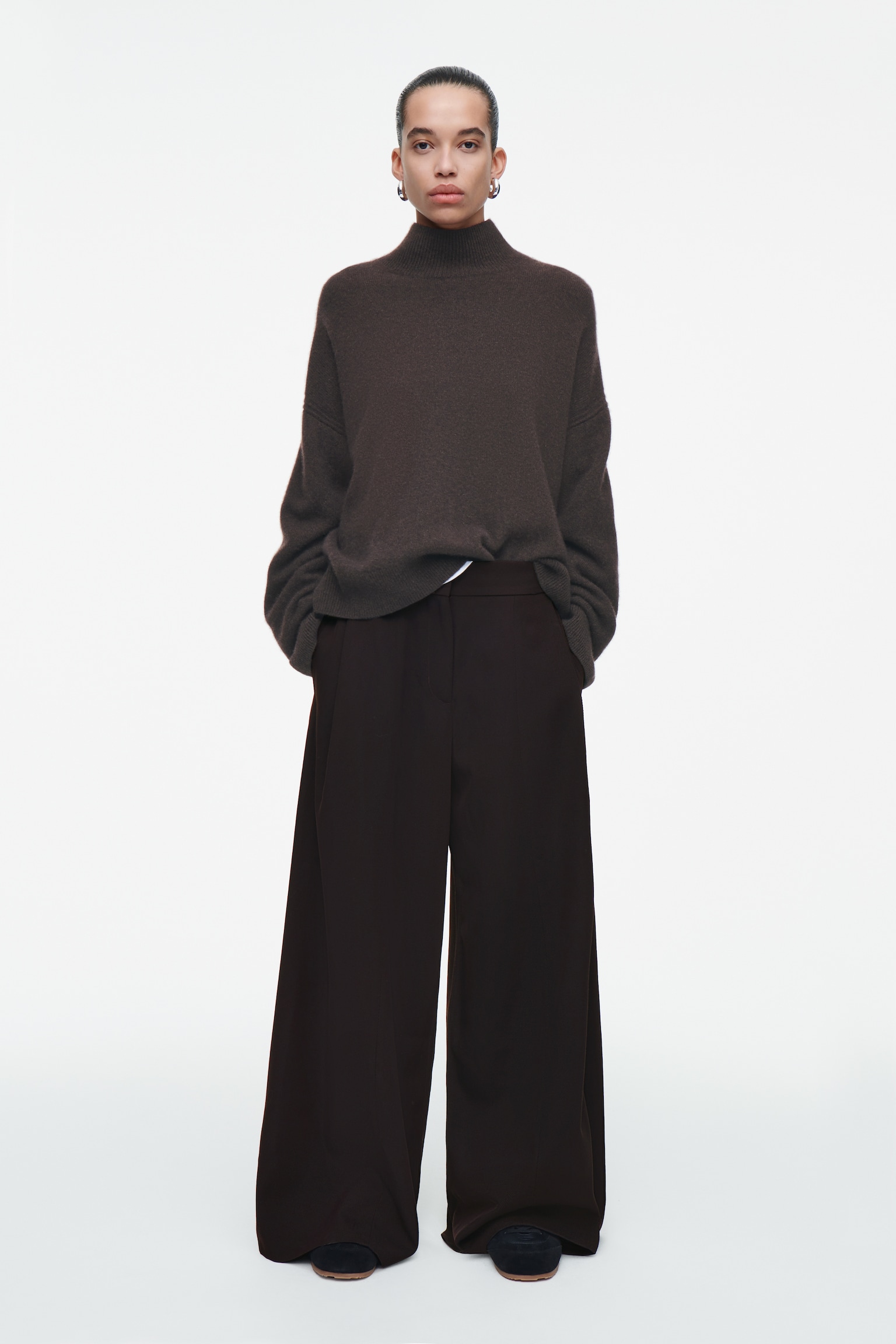 RELAXED WOOL-BLEND WIDE-LEG TROUSERS - DARK BROWN/BLACK/BURGUNDY/DARK GREEN - 1