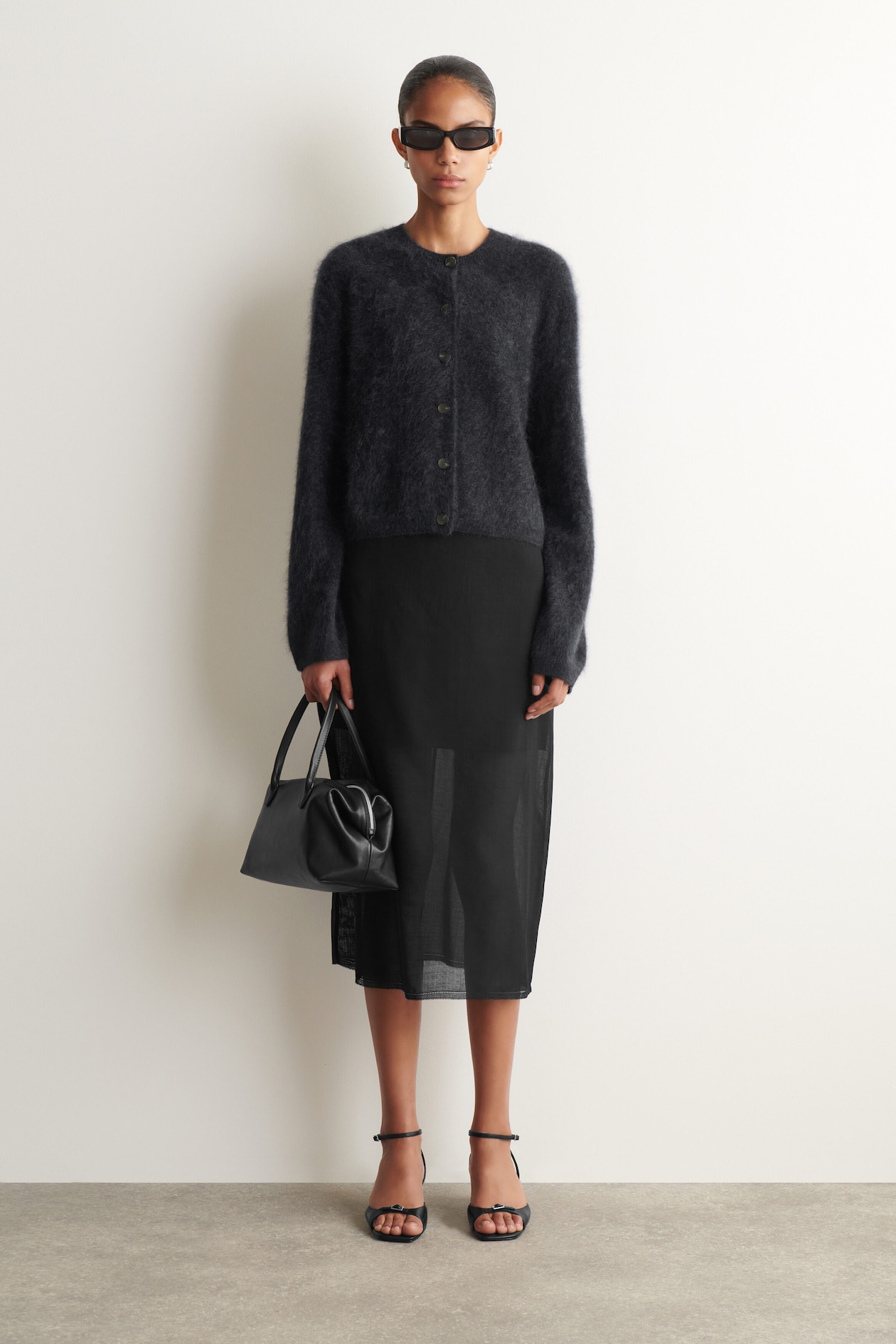 BRUSHED PURE CASHMERE CREW-NECK CARDIGAN — DARK GRAY