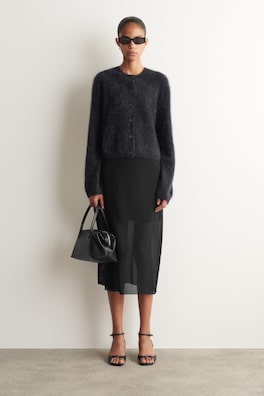BRUSHED PURE CASHMERE CREW-NECK CARDIGAN — DARK GRAY 2