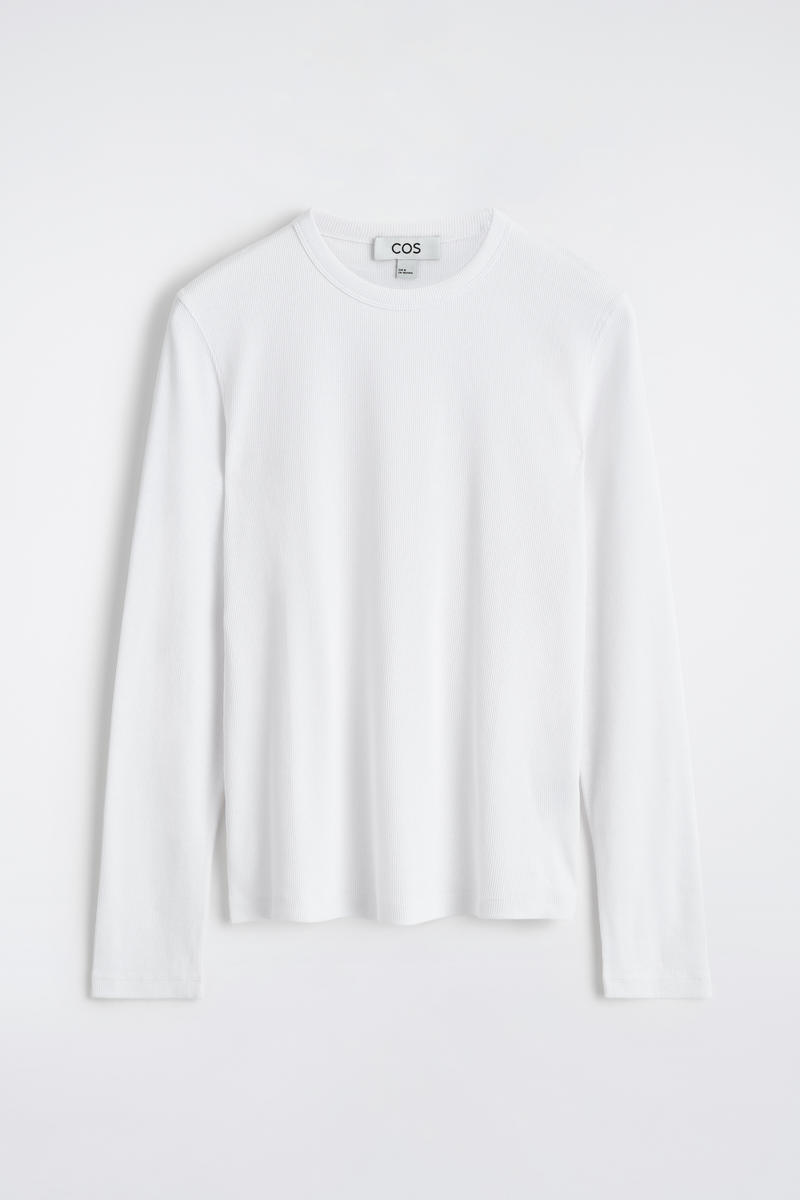 Cos Slim Ribbed Cotton Long-sleeved T-shirt In White