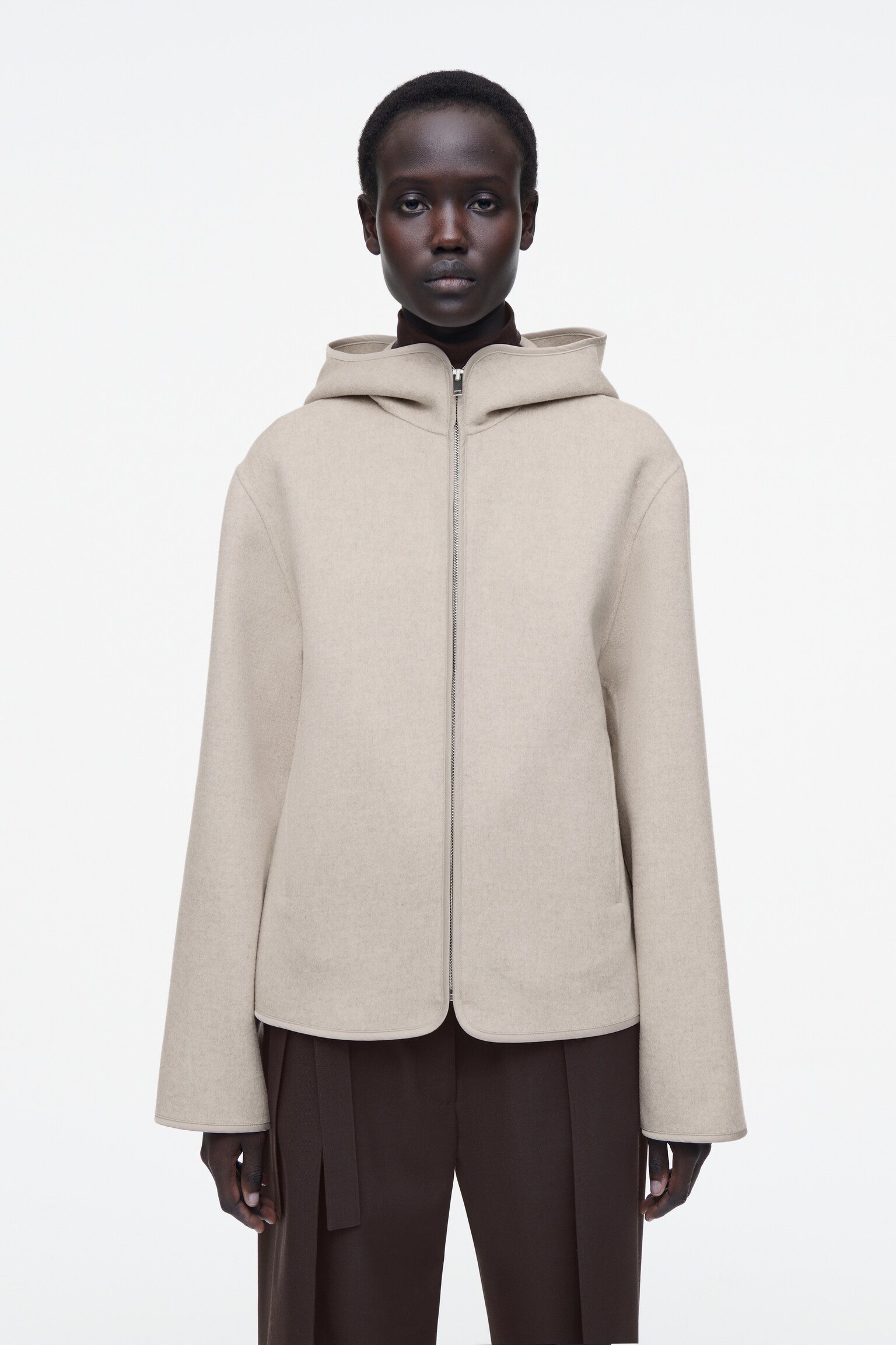 CHAQUETA DE LANA CON CAPUCHA DE DOBLE FAZ - BEIGE CLARO/GRIS