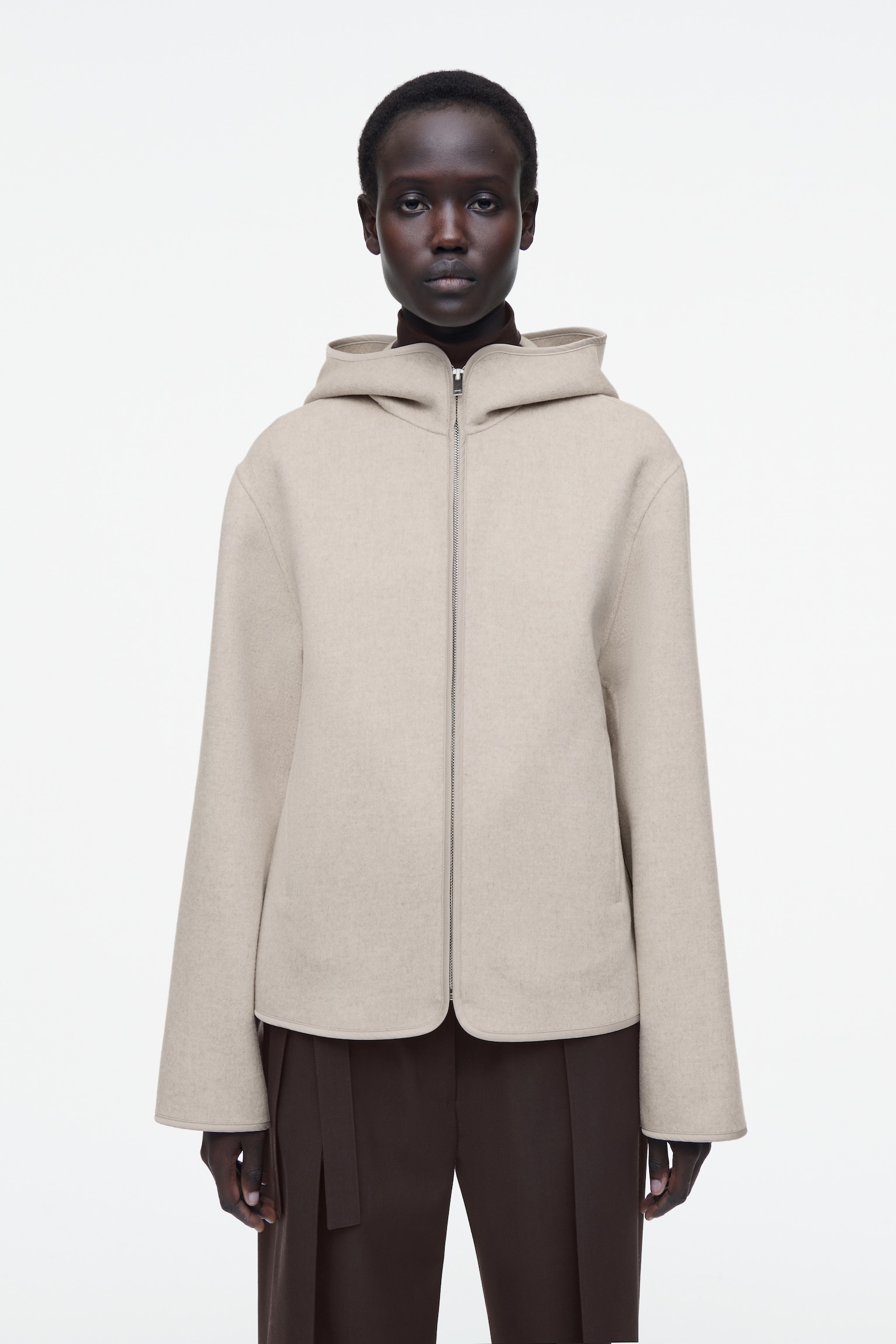 VESTE À CAPUCHE EN LAINE DOUBLE FACE - BEIGE CLAIR/GRIS