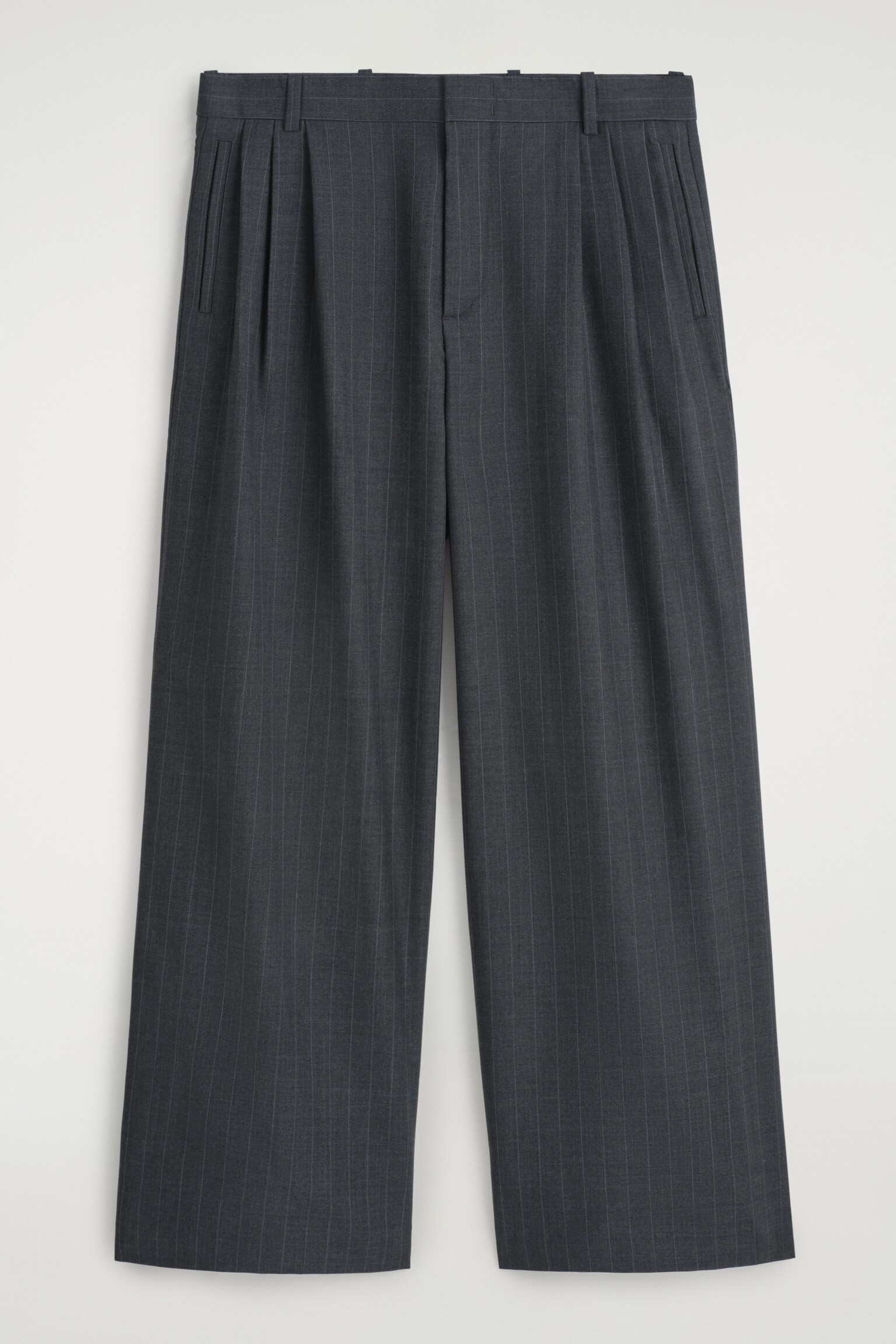 MERINO WOOL WIDE-LEG TROUSERS - BLACK / PINSTRIPED - 2
