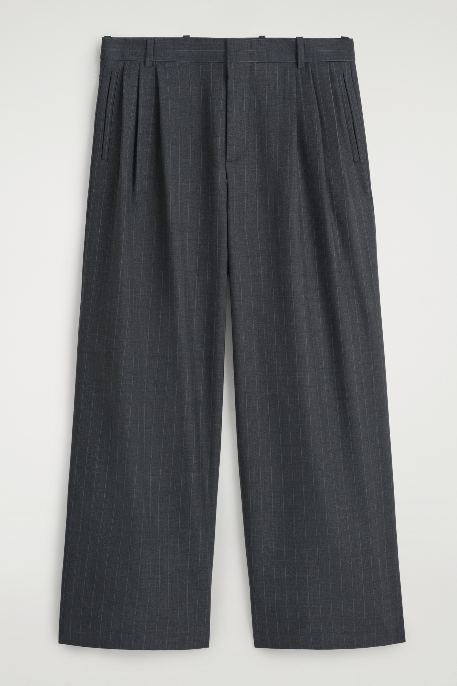 MERINO WOOL WIDE-LEG TROUSERS - BLACK / PINSTRIPED - 2