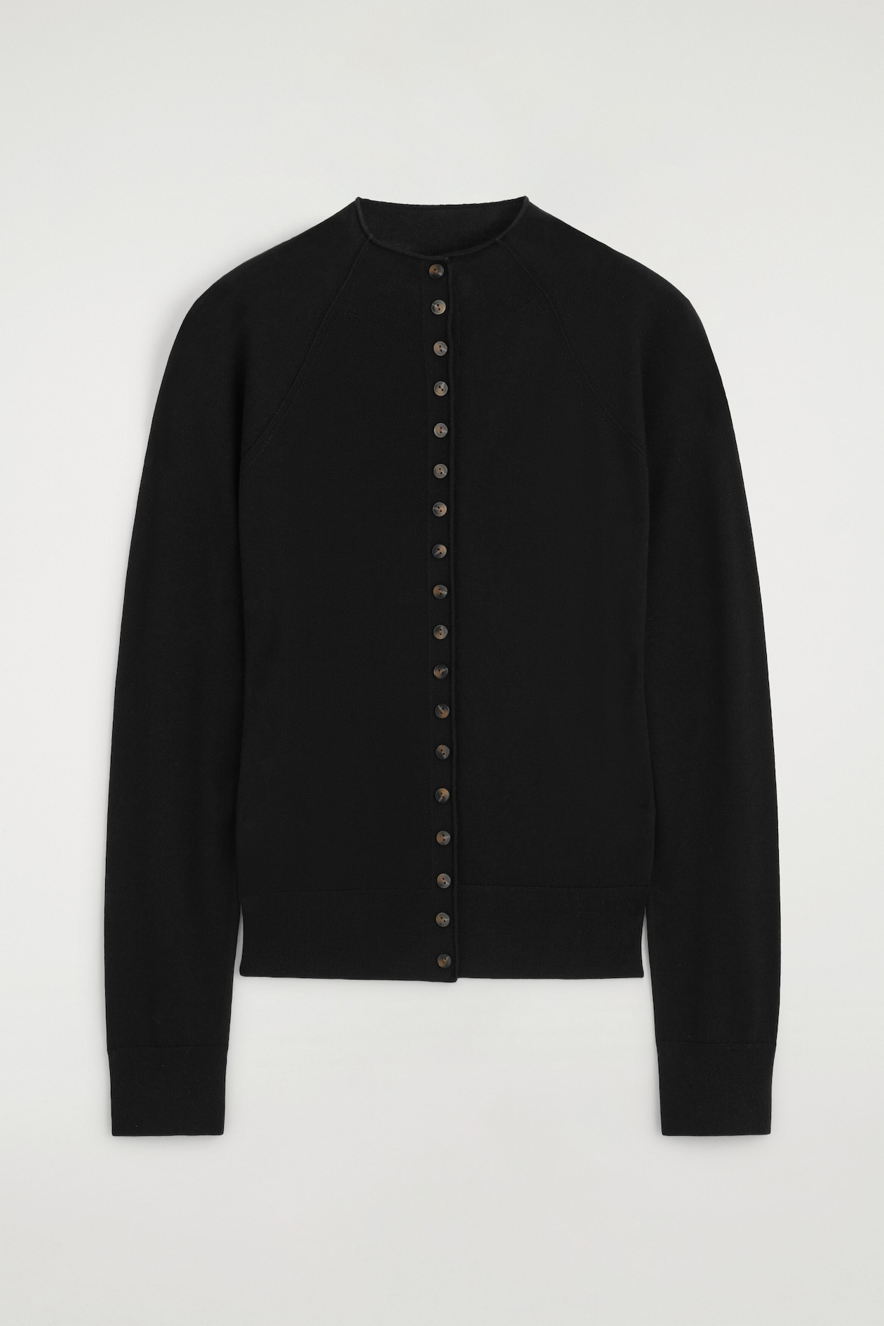 MERINO WOOL MOCK-NECK CARDIGAN — BLACK