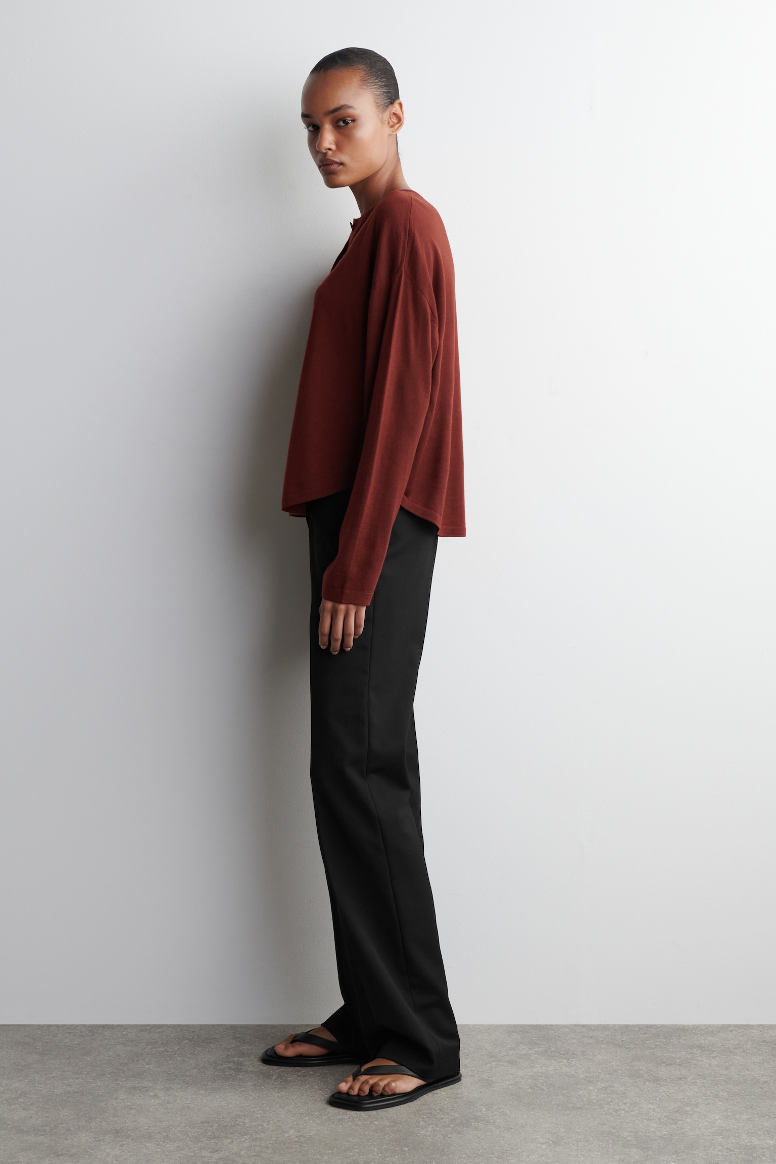 CIRCLE-CUT MERINO WOOL CARDIGAN - RUST BROWN/BLACK/GREY MÉLANGE - 3