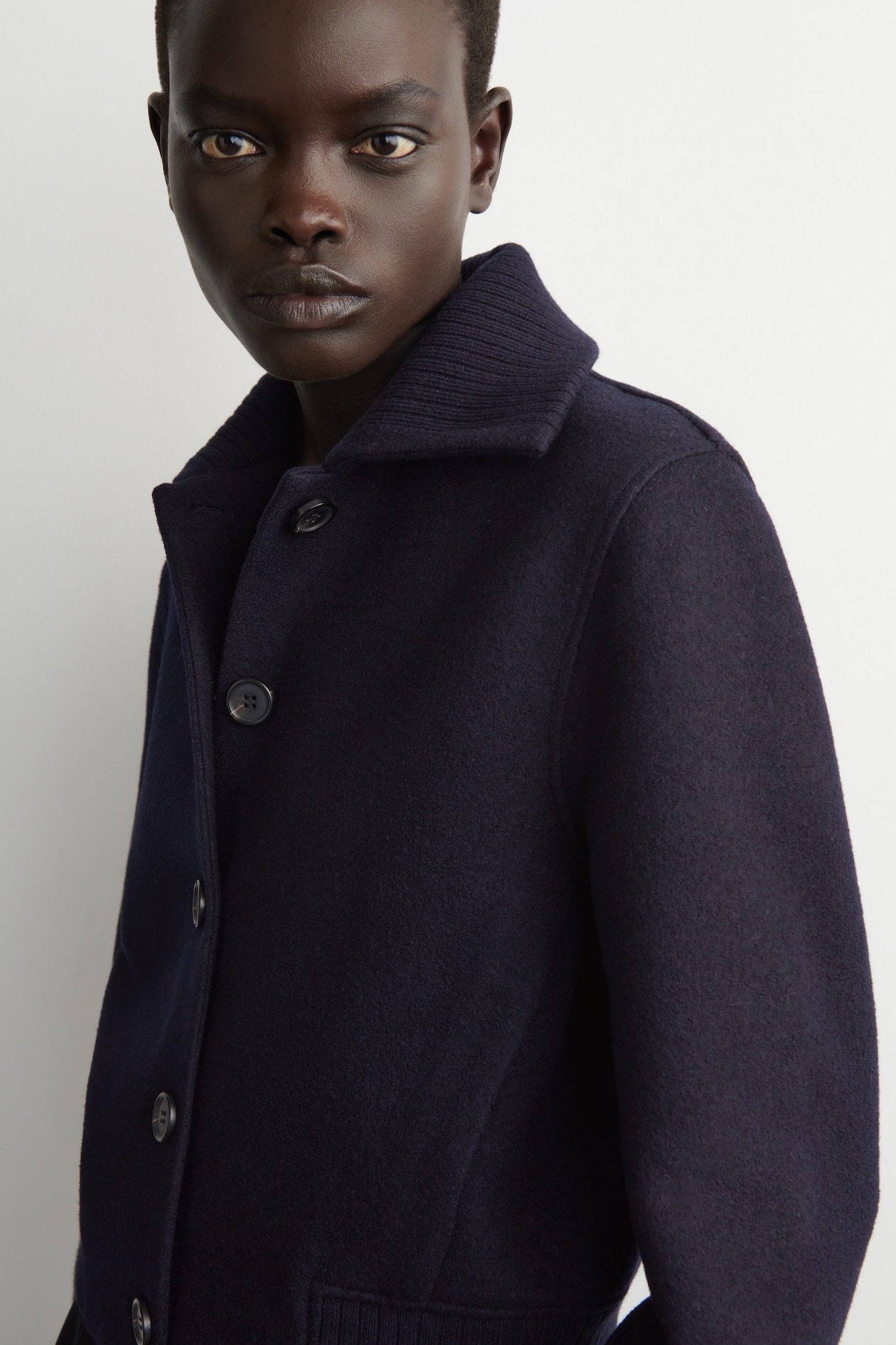 RIBBED-COLLAR BOILED MERINO WOOL JACKET — NAVY
