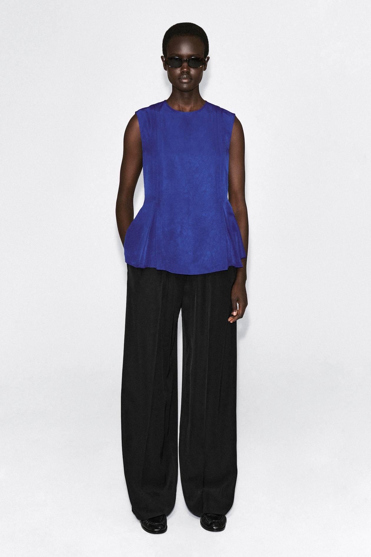 PLEATED PEPLUM TOP — COBALT BLUE