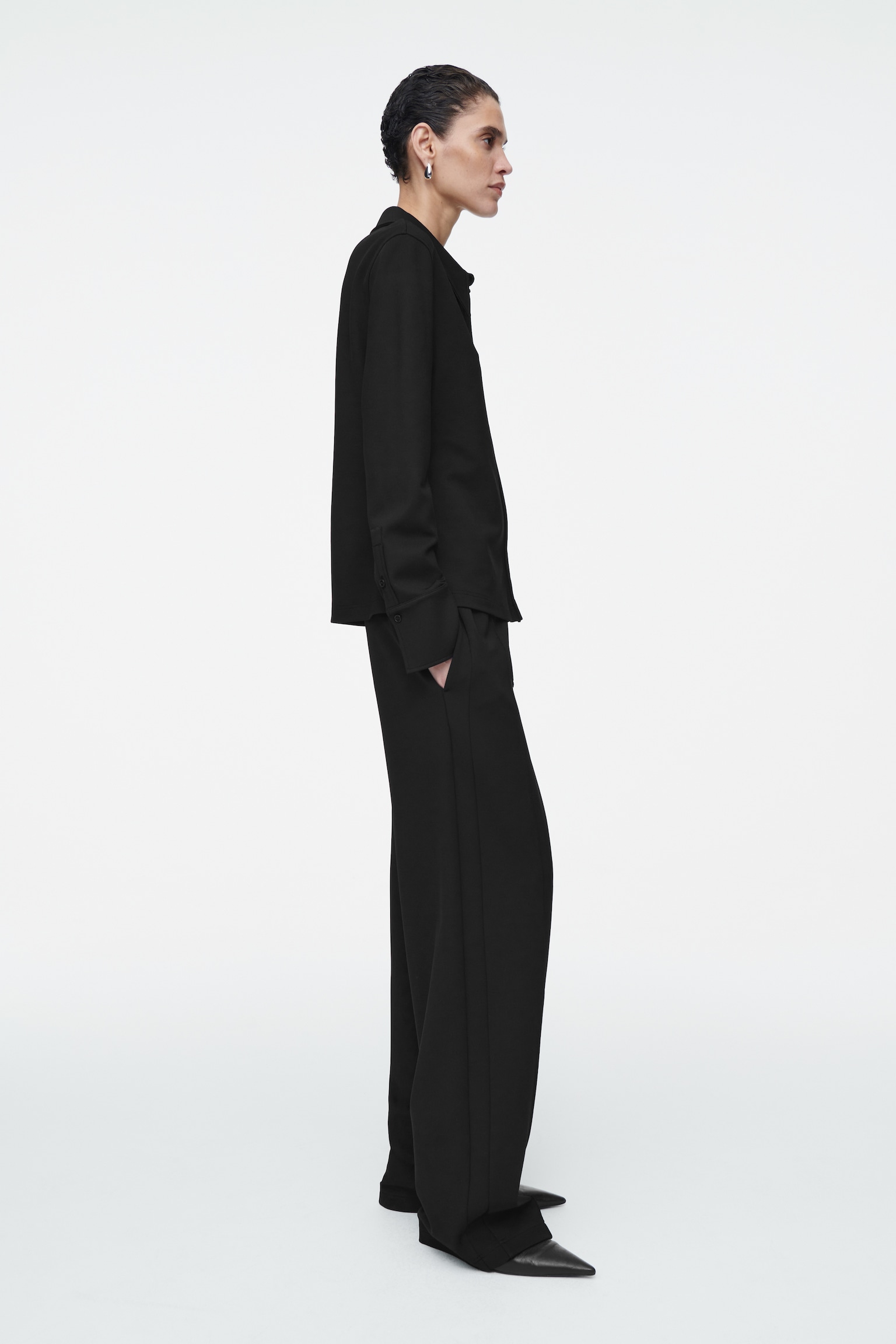 SLIM EXAGGERATED-COLLAR JERSEY SHIRT - BLACK - 3