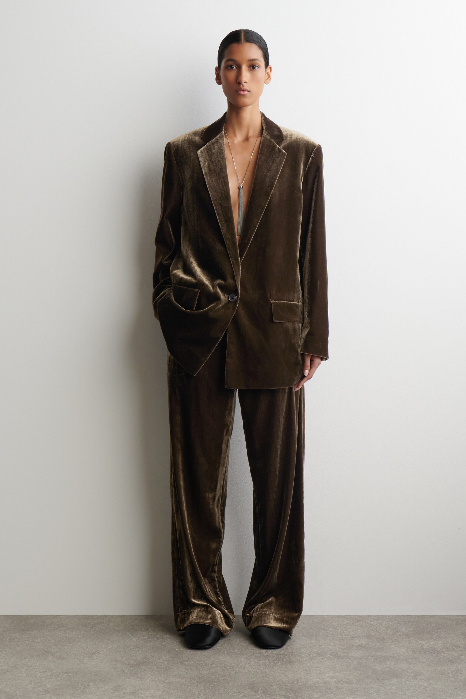 PANTALON DROIT ÉLASTIQUE EN VELOURS - BRUN/NOIR - 1