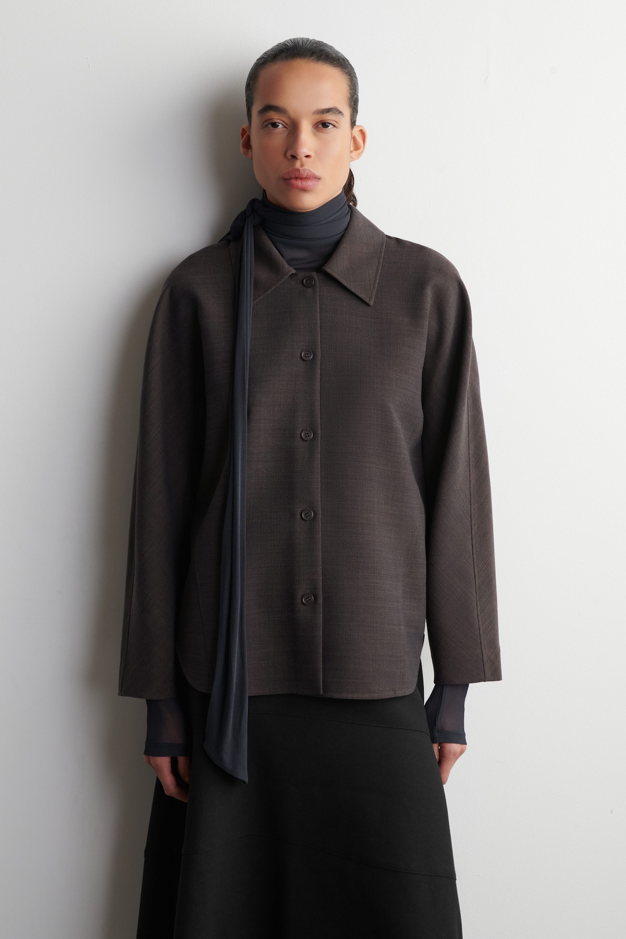 ROUNDED WOOL-BLEND SHIRT — BROWN