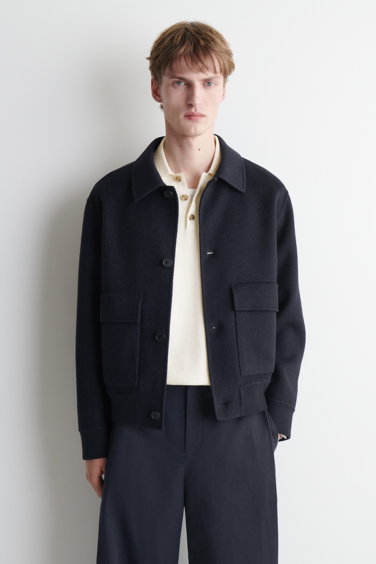 DOUBLE-FACED WOOL-BLEND BOMBER JACKET — NAVY