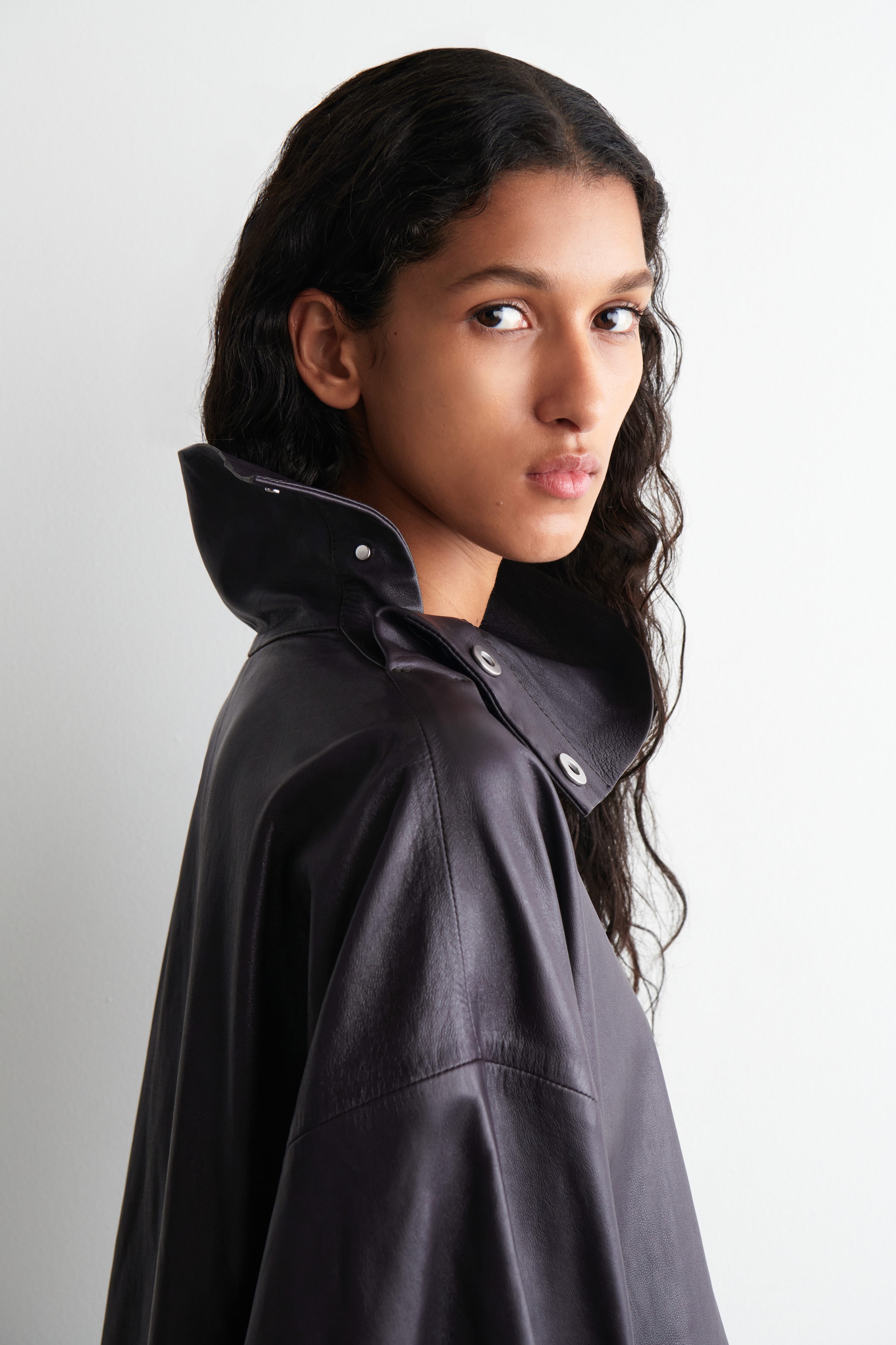 LEATHER FUNNEL-NECK TOP