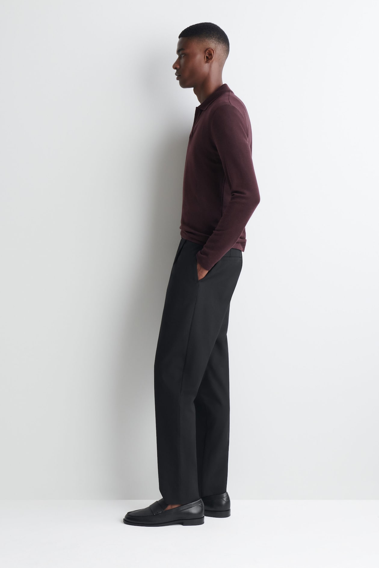 SLIM WOOL-JERSEY OPEN-COLLAR POLO SHIRT — BURGUNDY