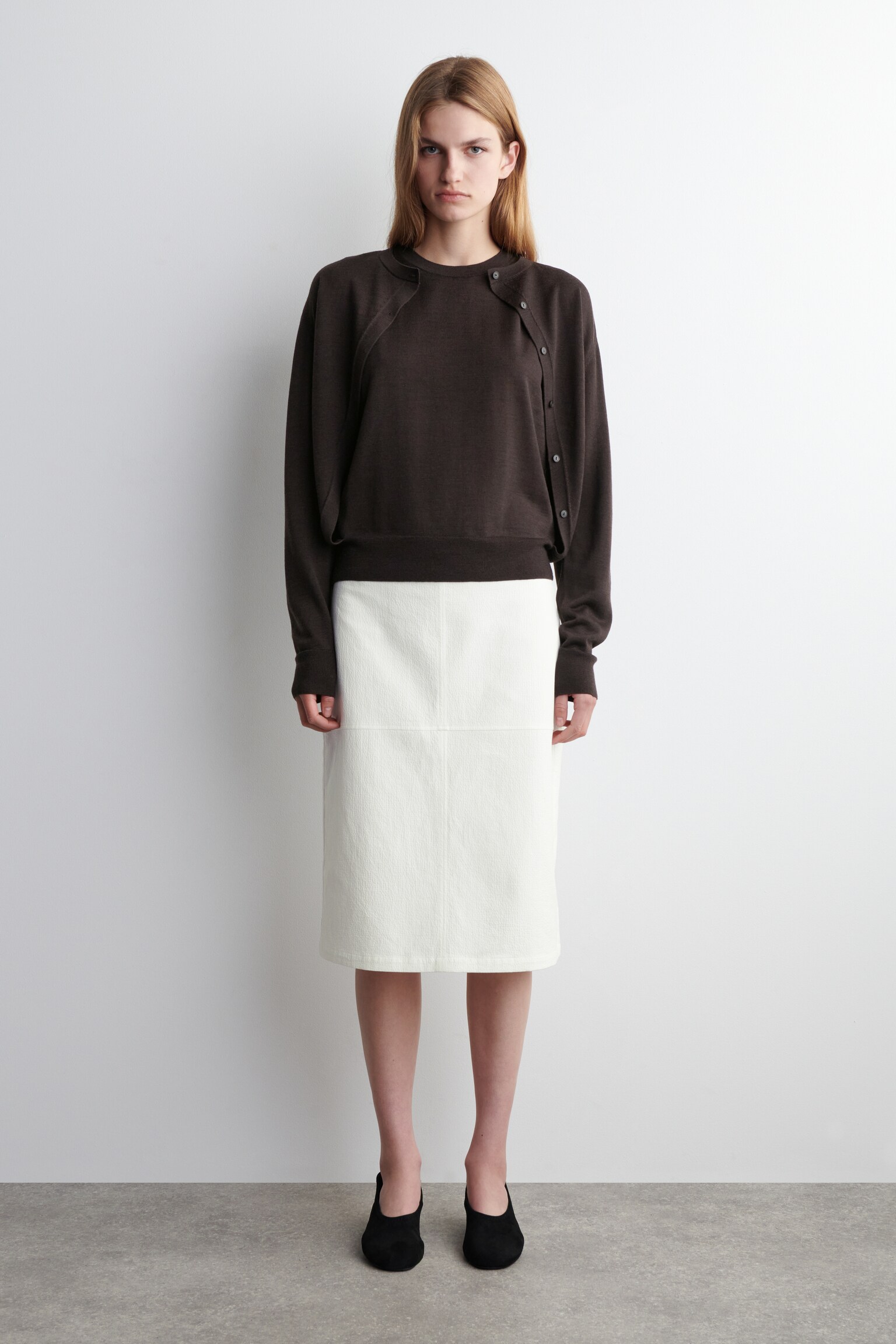 CARDIGAN IN LANA MERINO EFFETTO SOVRAPPOSTO - MARRONE SCURO - 7