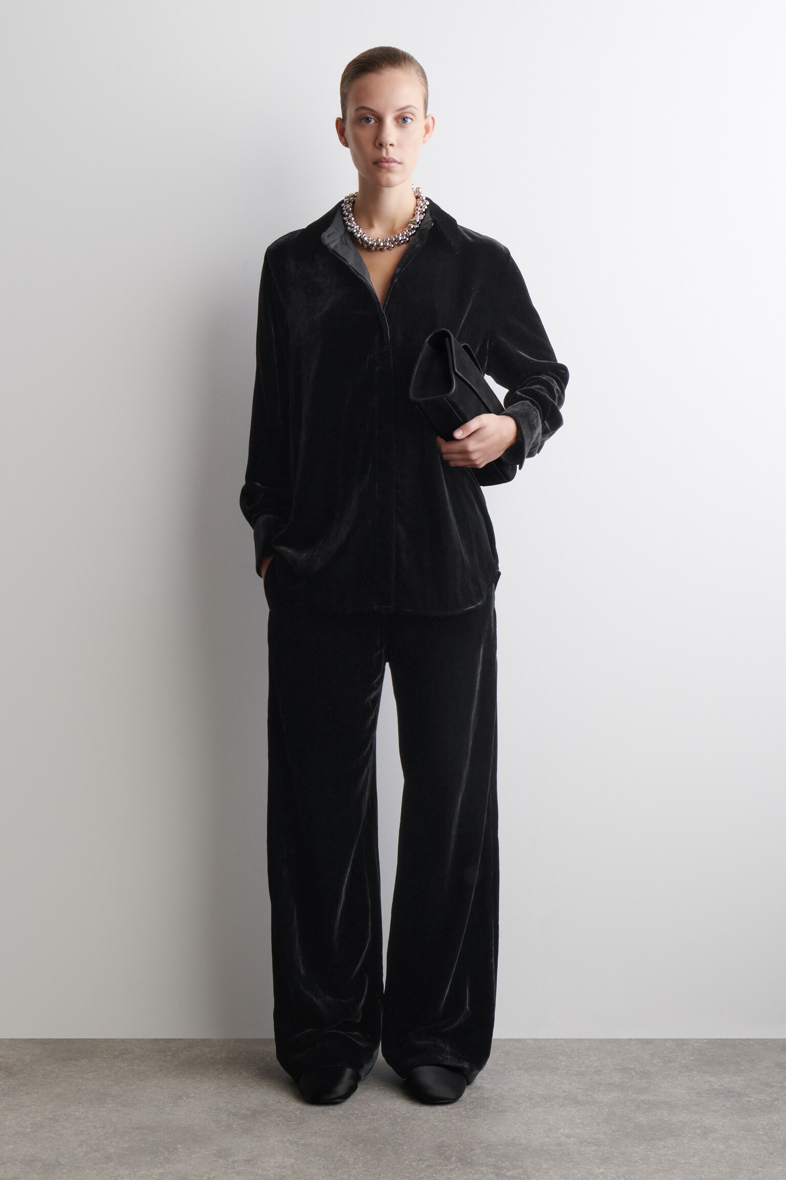PANTALON DROIT ÉLASTIQUE EN VELOURS - NOIR/BRUN - 1