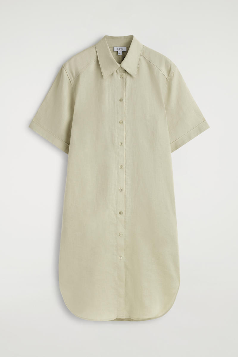 Short-Sleeved Linen Shirt Dress in Beige