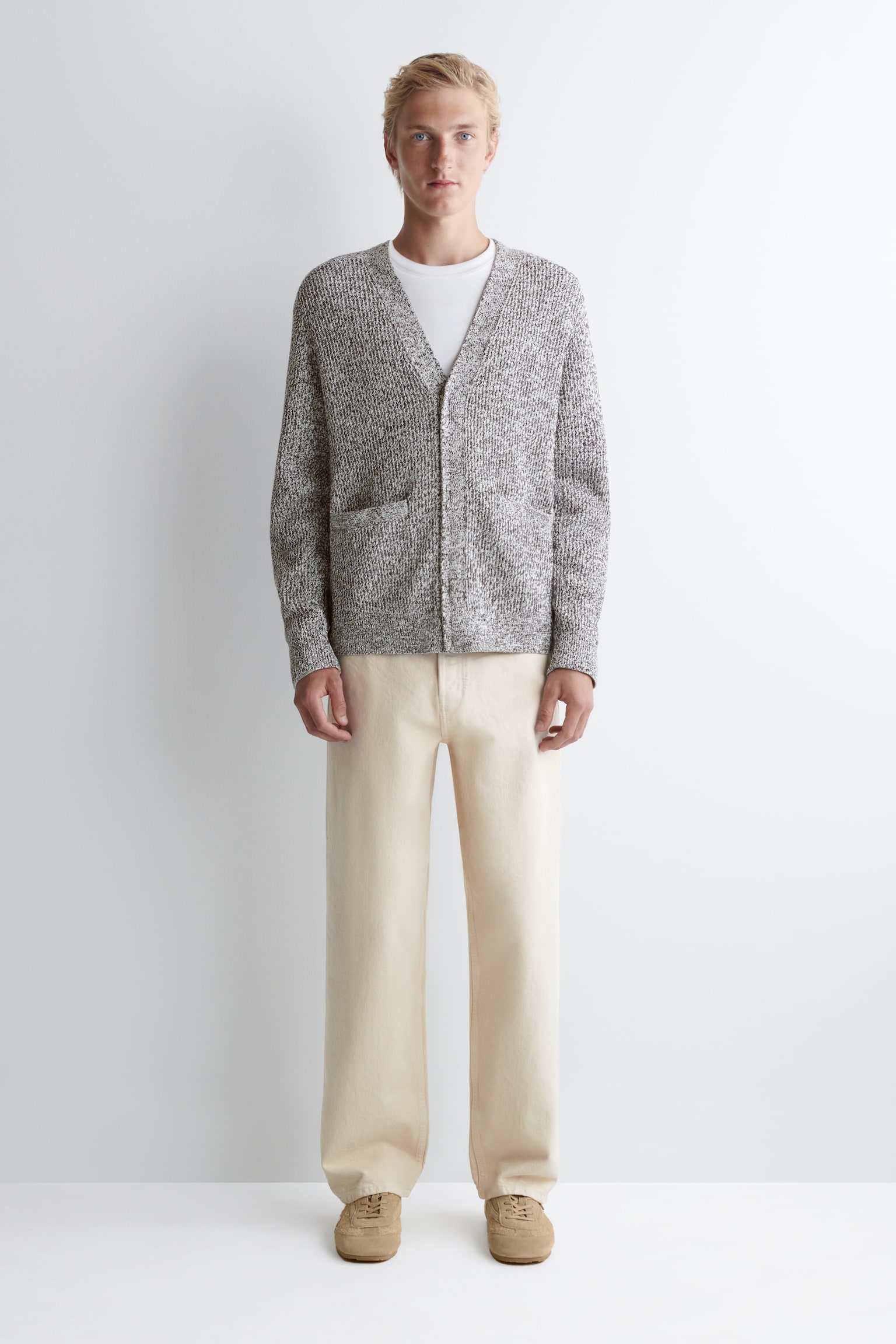 CARDIGAN ZIPPÉ À COL EN V MOUCHETÉ - BRUN CHINÉ - 3