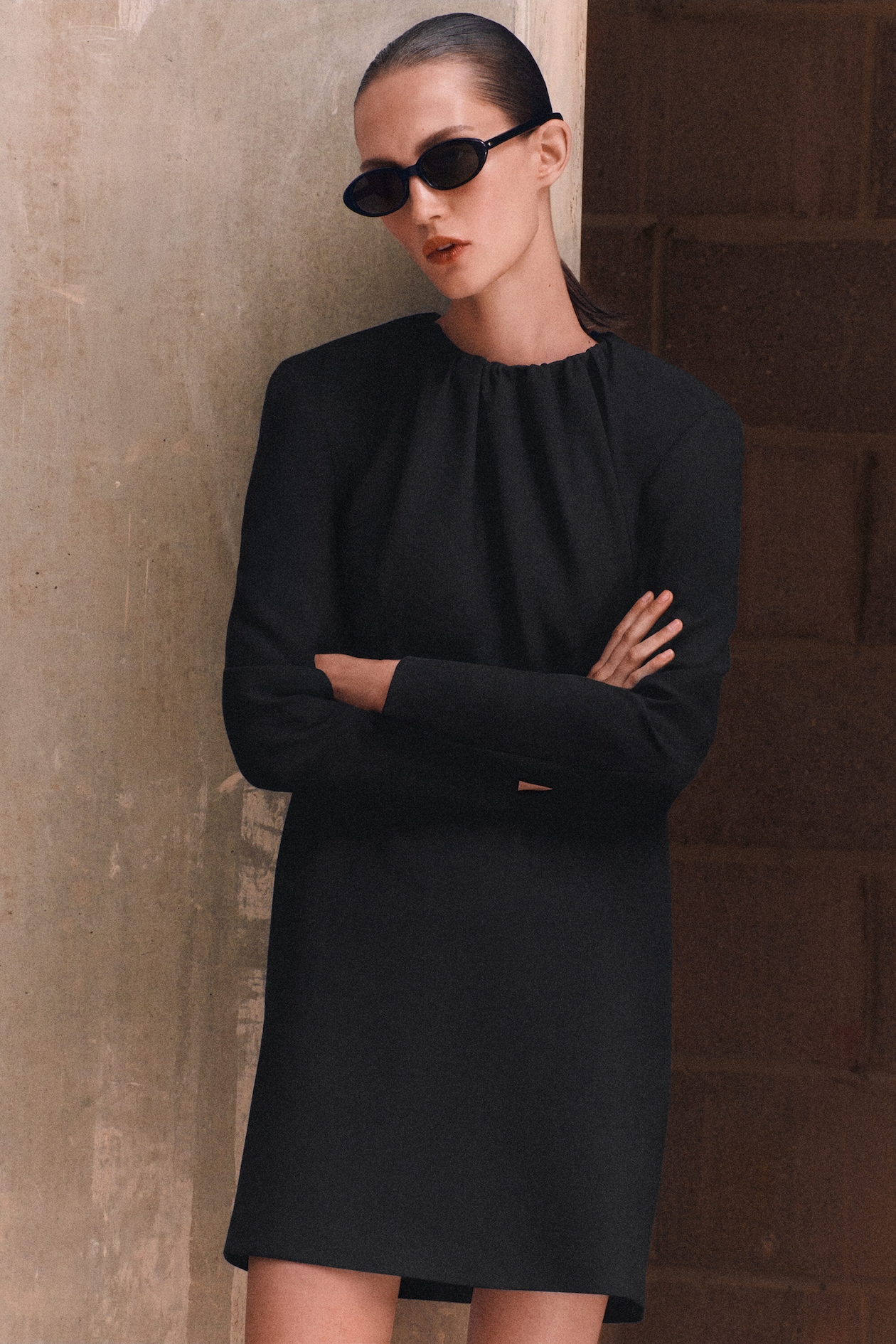 PLEATED TAILORED TWILL MINI DRESS — BLACK
