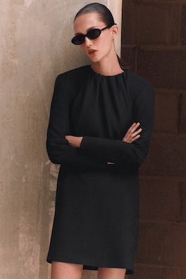 PLEATED TAILORED TWILL MINI DRESS — BLACK 7