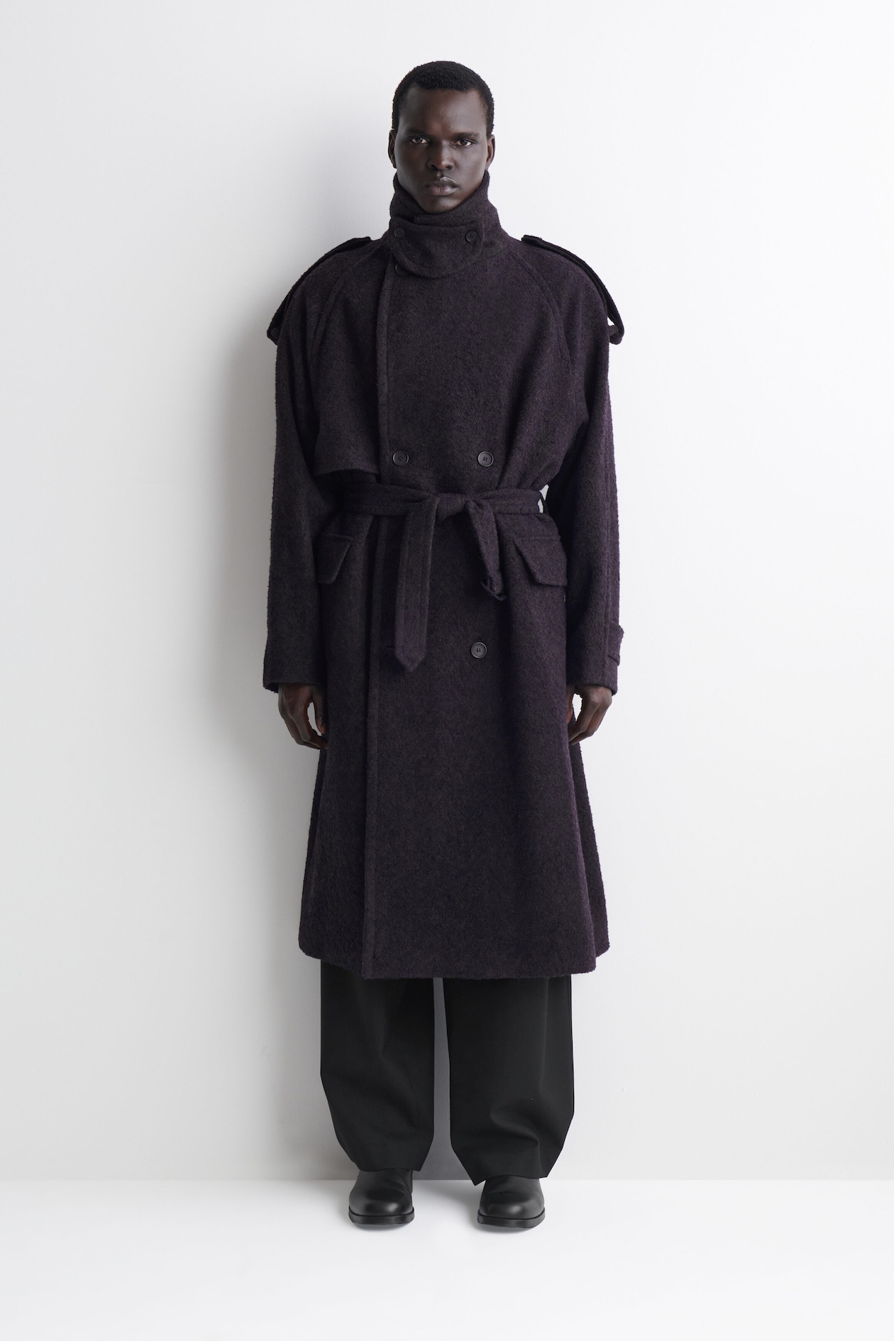 DOUBLE-FACED WOOL-BLEND HERRINGBONE COAT — DARK BROWN
