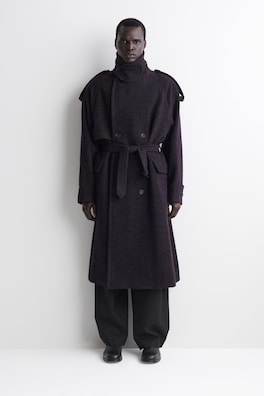 DOUBLE-FACED WOOL-BLEND HERRINGBONE COAT — DARK BROWN 1