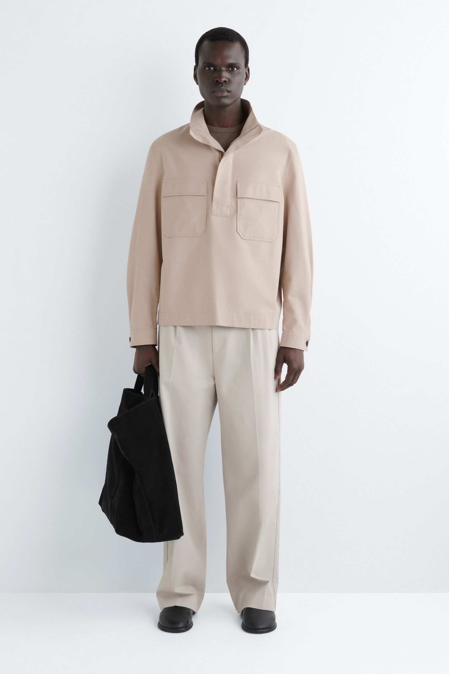 COTTON-TWILL HALF-ZIP OVERSHIRT - LIGHT BEIGE - 1