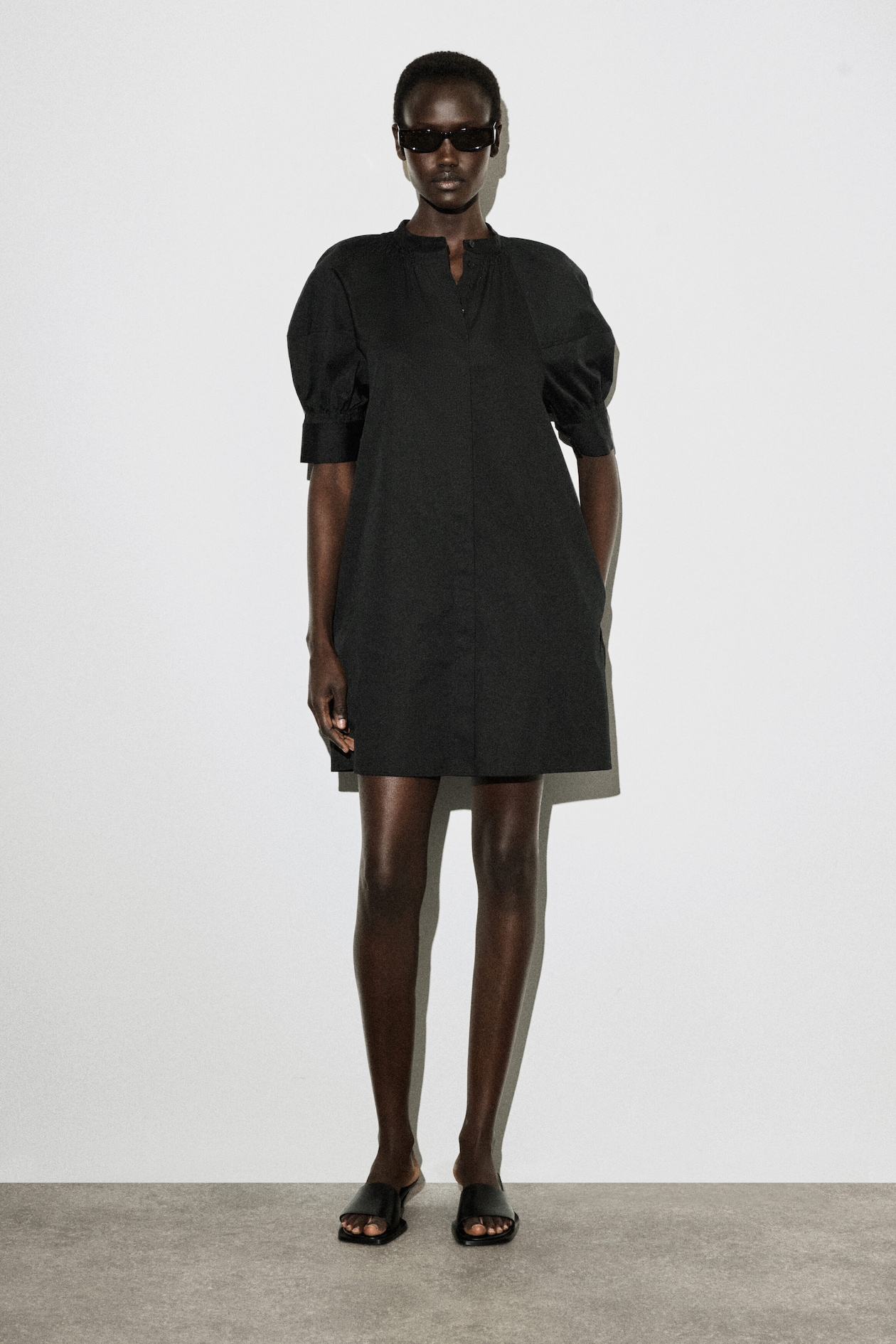 SMOCKED PUFF-SLEEVE SHIRT DRESS
