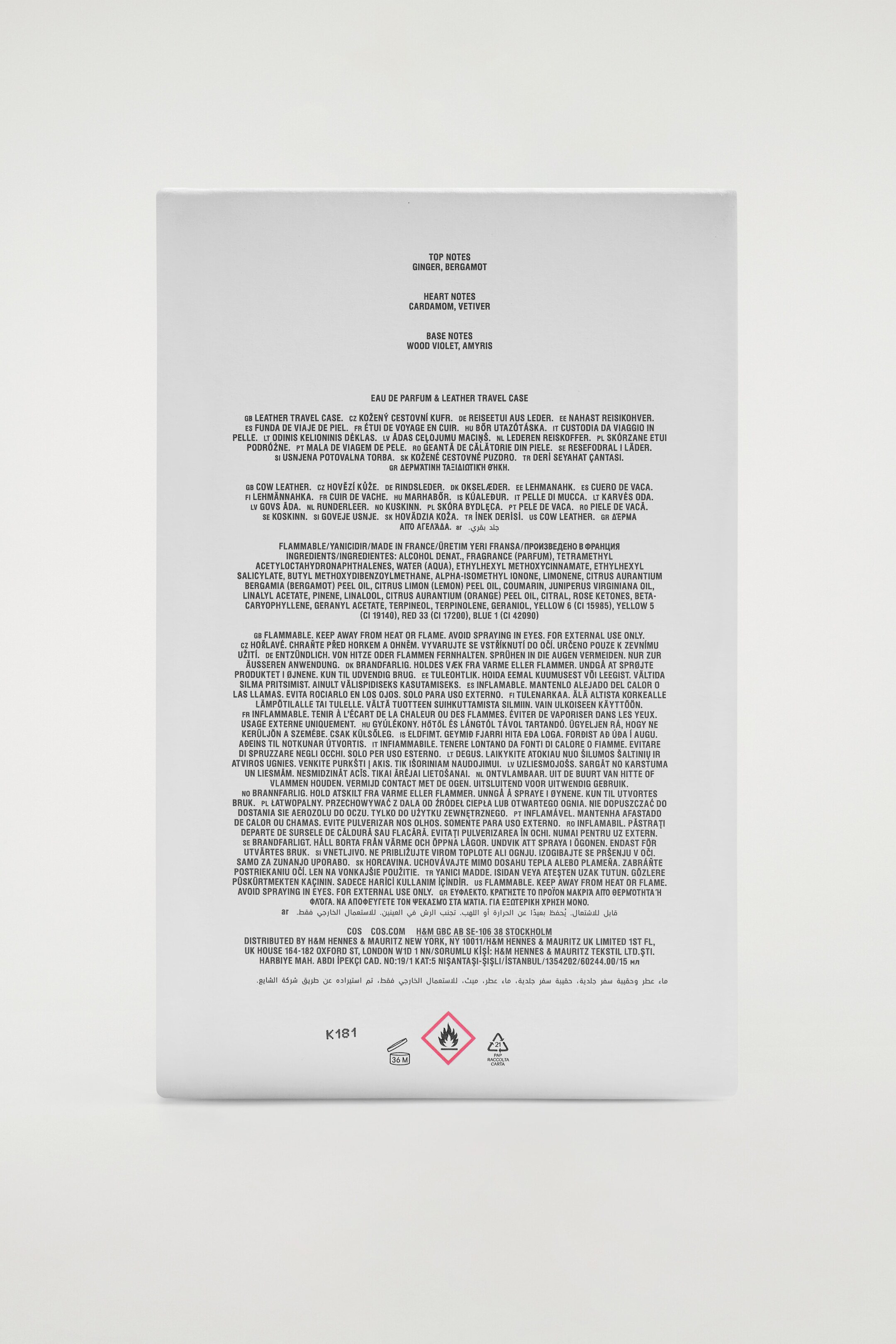 Showing the back of a white, rectangular cardboard packaging box for a fragrance and leather travel case. The surface is printed with black text detailing the top, heart and base notes, ingredients list, multilingual warnings and manufacturing information, with safety and recycling symbols aligned along the bottom edge. Showing the back of a white, rectangular cardboard packaging box for a fragrance and leather travel case. The surface is printed with black text detailing the top, heart and base notes, ingredients list, multilingual warnings and manufacturing information, with safety and recycling symbols aligned along the bottom edge.