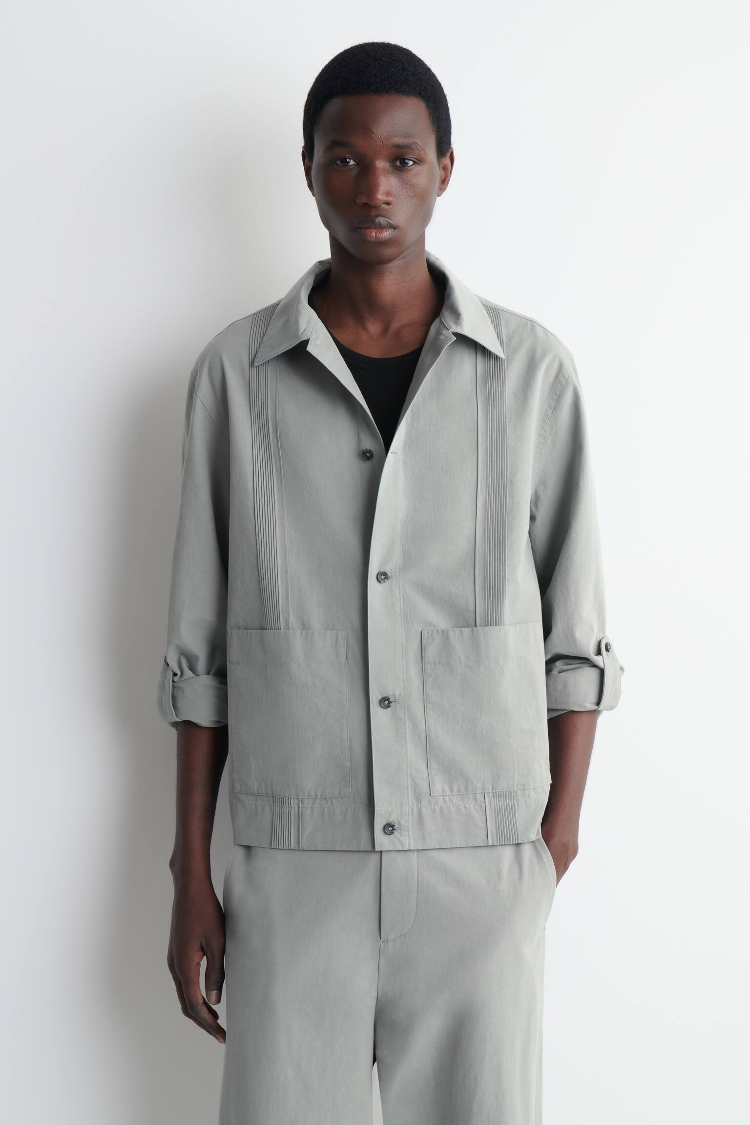 PINTUCKED COTTON-LINEN OVERSHIRT - אפור - 1