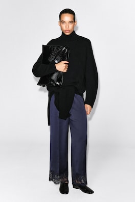 LACE-TRIMMED SATIN PANTS — NAVY 1