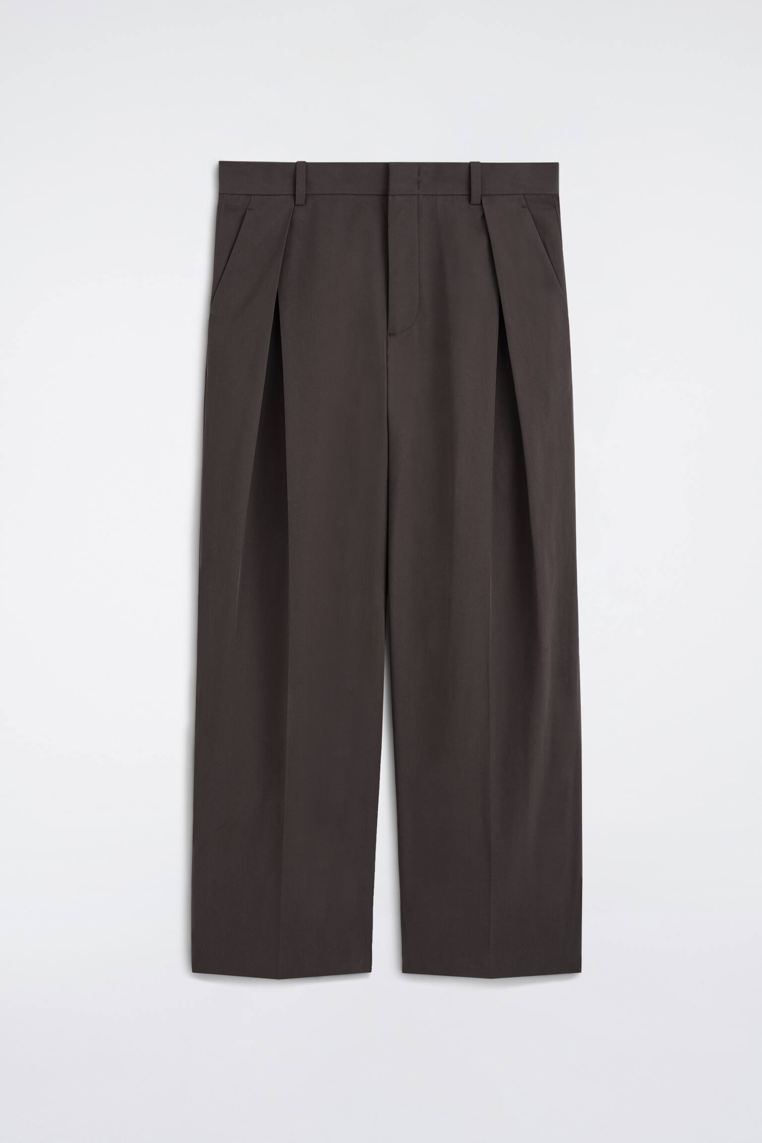 PLEATED COTTON RELAXED-FIT WIDE-LEG TROUSERS - חום - 1