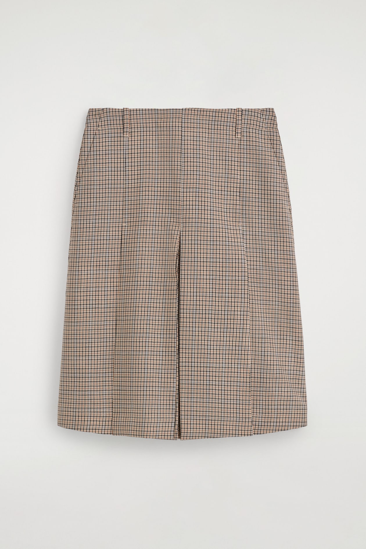 BOX-PLEAT WOOL MIDI SKIRT — BEIGE / CHECKED