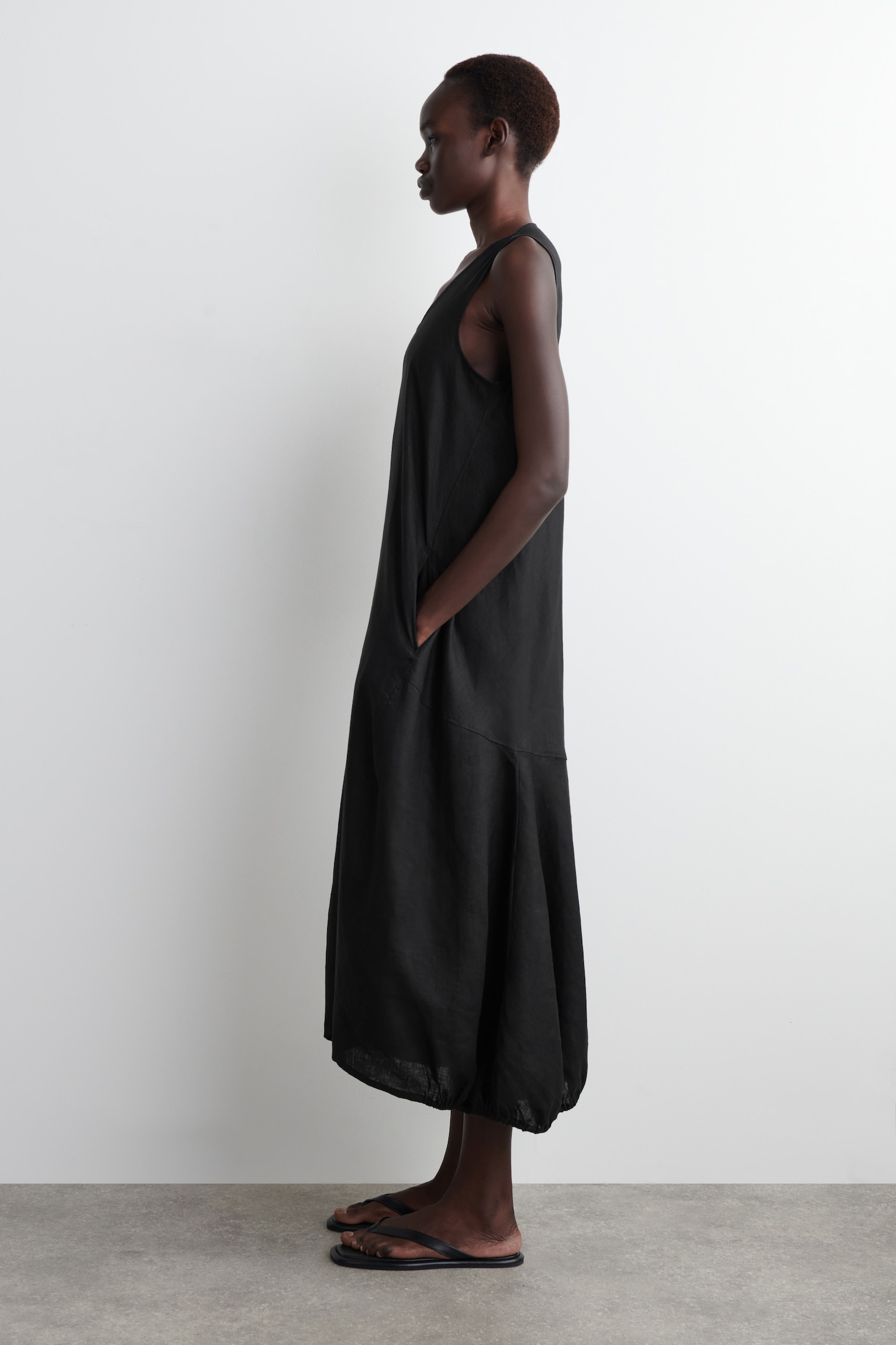 ROBE LONGUE À OURLET ÉLASTIQUÉ EN LIN - NOIR/VERT CLAIR - 3