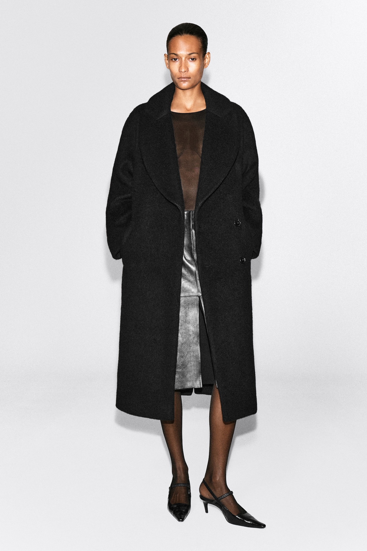 BRUSHED WOOL MAXI COAT — BLACK