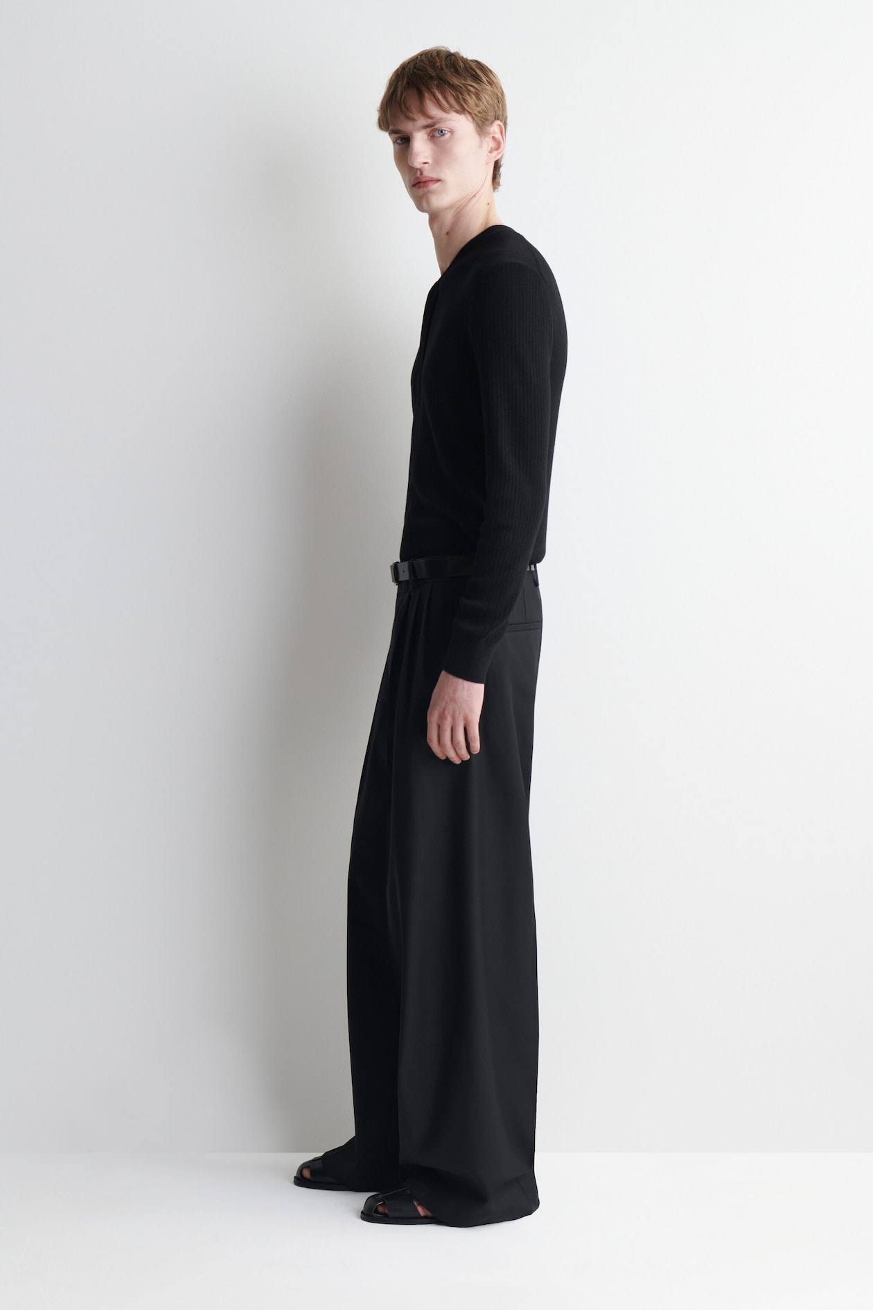 MERINO-LYOCELL RIBBED-KNIT HENLEY TOP — BLACK