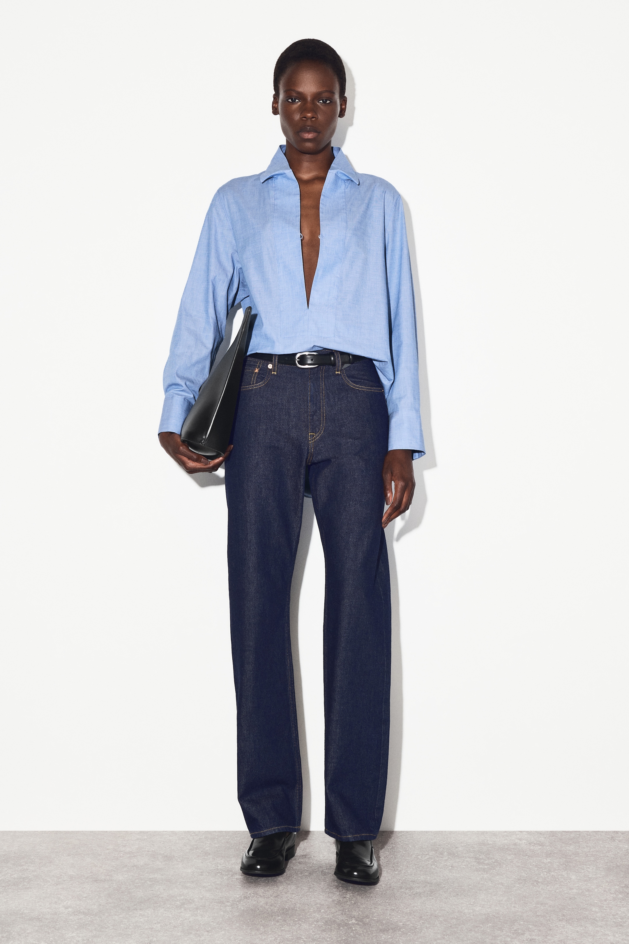 Ingrandisci l'immagine: LONGLINE COTTON SHIRT - BLUE MÉLANGE - DONNA | H&M CH 2
