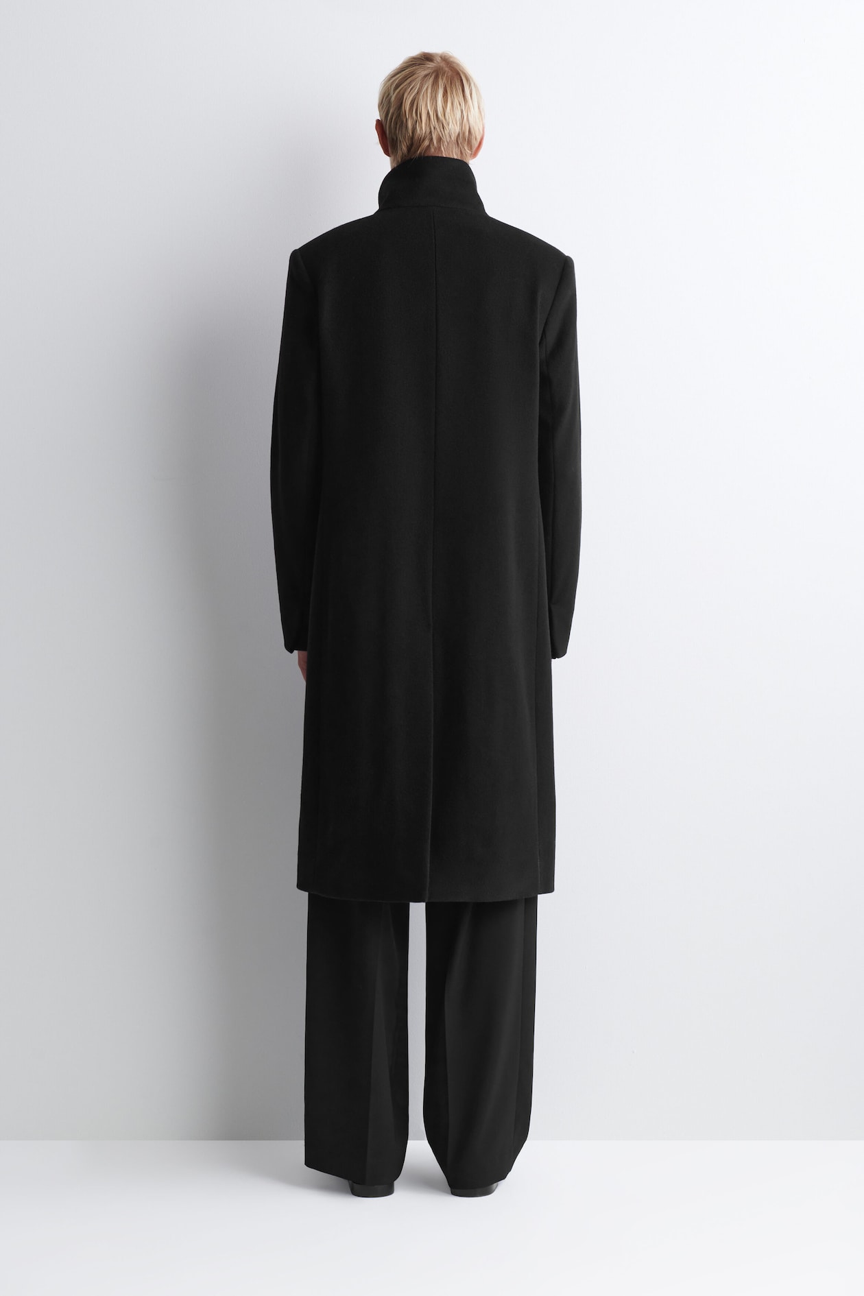 TAILORED WOOL FUNNEL-NECK COAT — BLACK