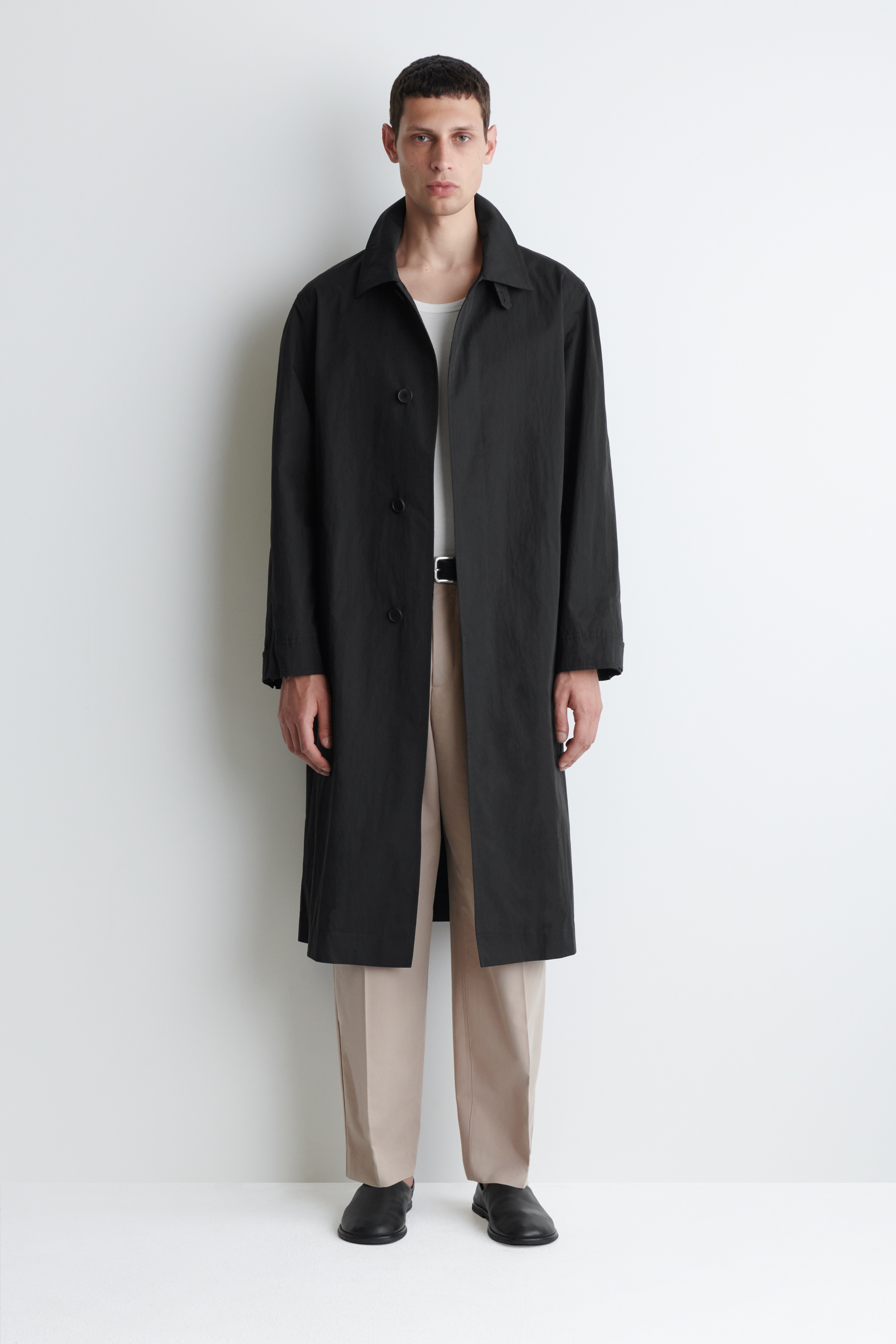 COTTON LONG TRENCH COAT - BLACK