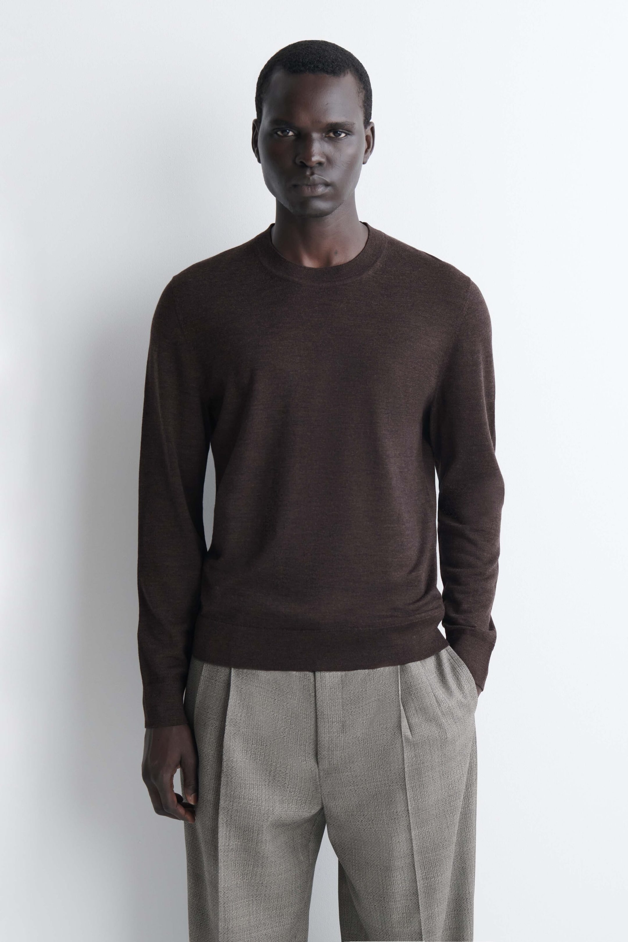 A slim merino wool crewneck sweater is shown from the front, highlighting a dark brown fine-knit texture with a ribbed crew neck, ribbed cuffs, and a ribbed hem. The sweater fits close to the body and rests at the waistband of light gray trousers. A slim merino wool crewneck sweater is shown from the front, highlighting a dark brown fine-knit texture with a ribbed crew neck, ribbed cuffs, and a ribbed hem. The sweater fits close to the body and rests at the waistband of light gray trousers.