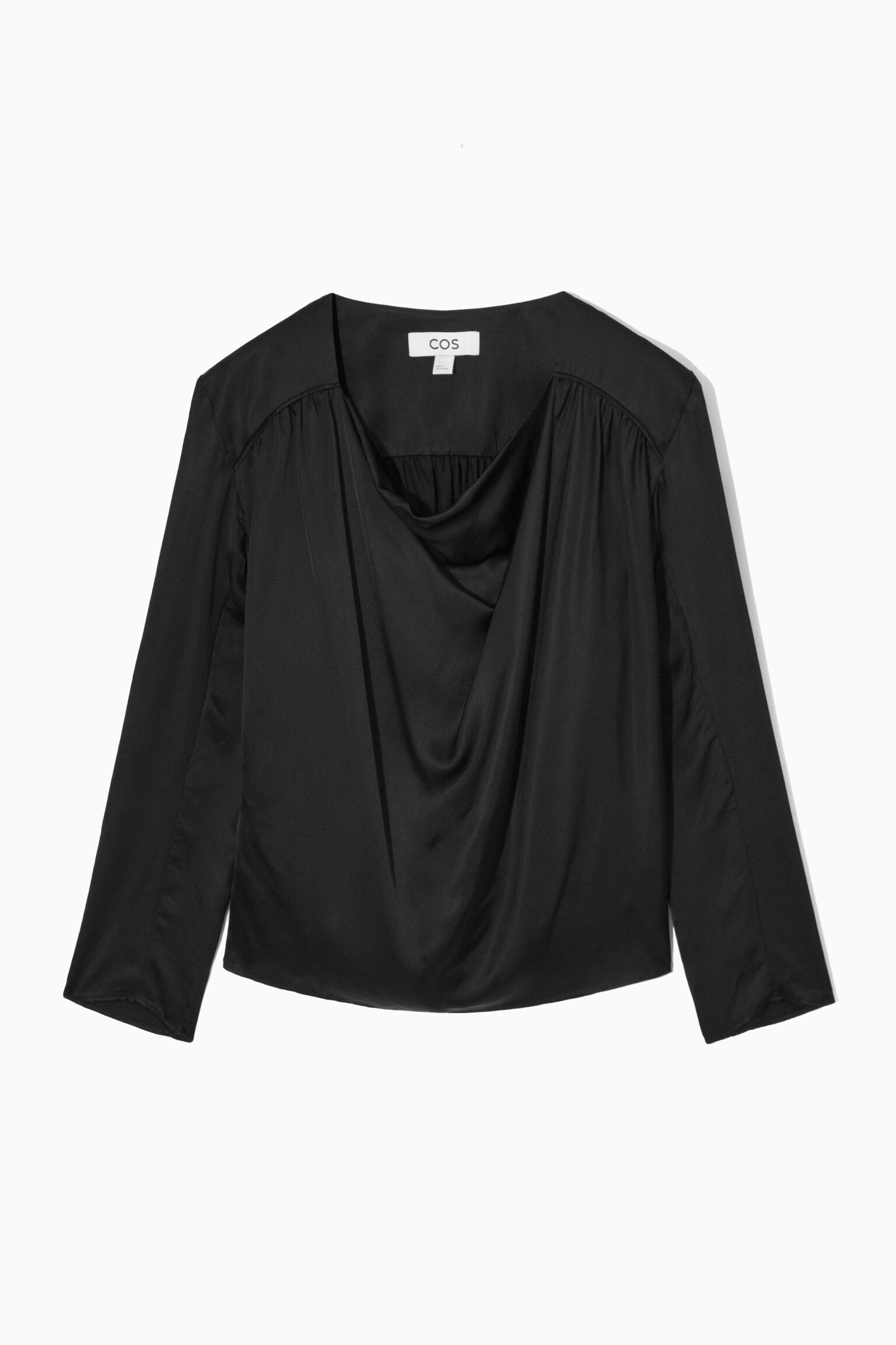 DRAPED COWL-NECK SATIN TOP - BLACK
