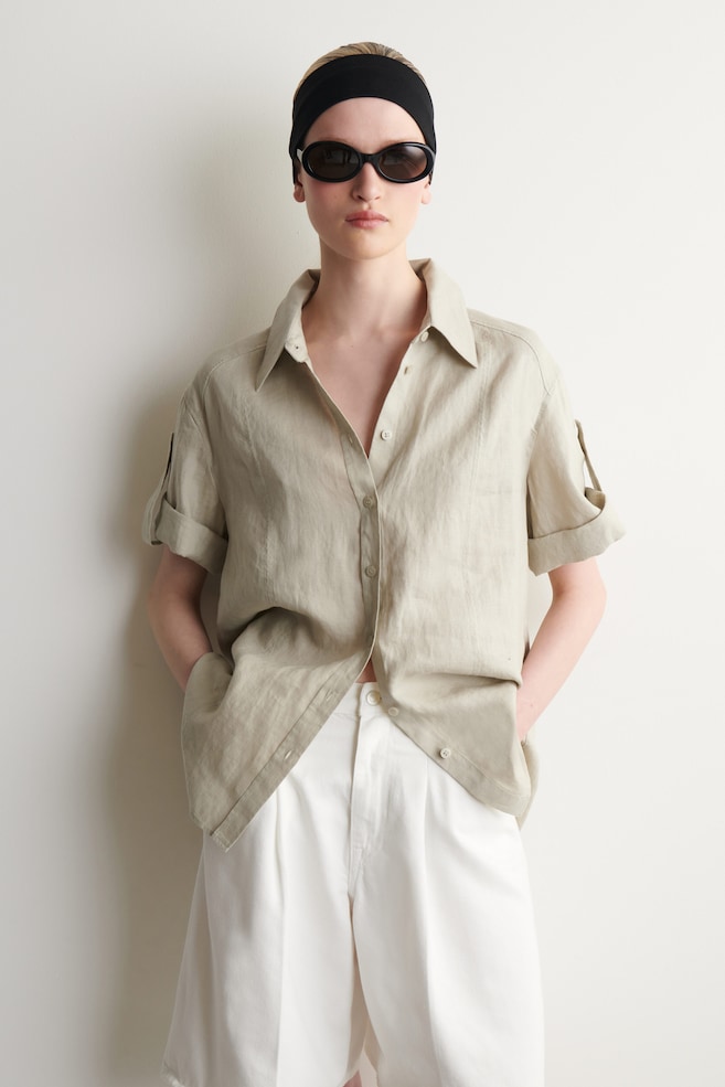 FOLDED-SLEEVE LINEN SHIRT — BEIGE