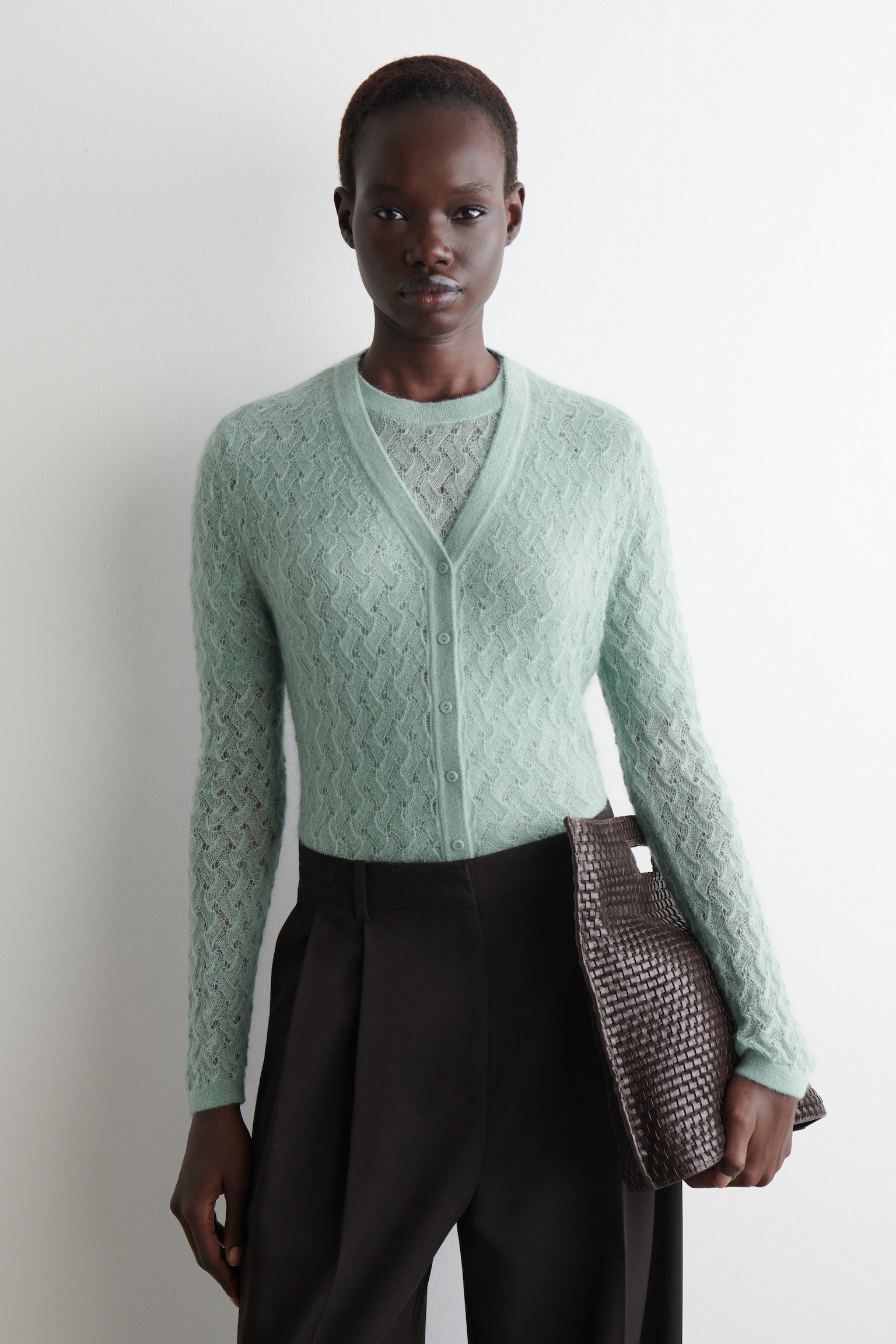 POINTELLE-KNIT MOHAIR CARDIGAN - LIGHT BLUE