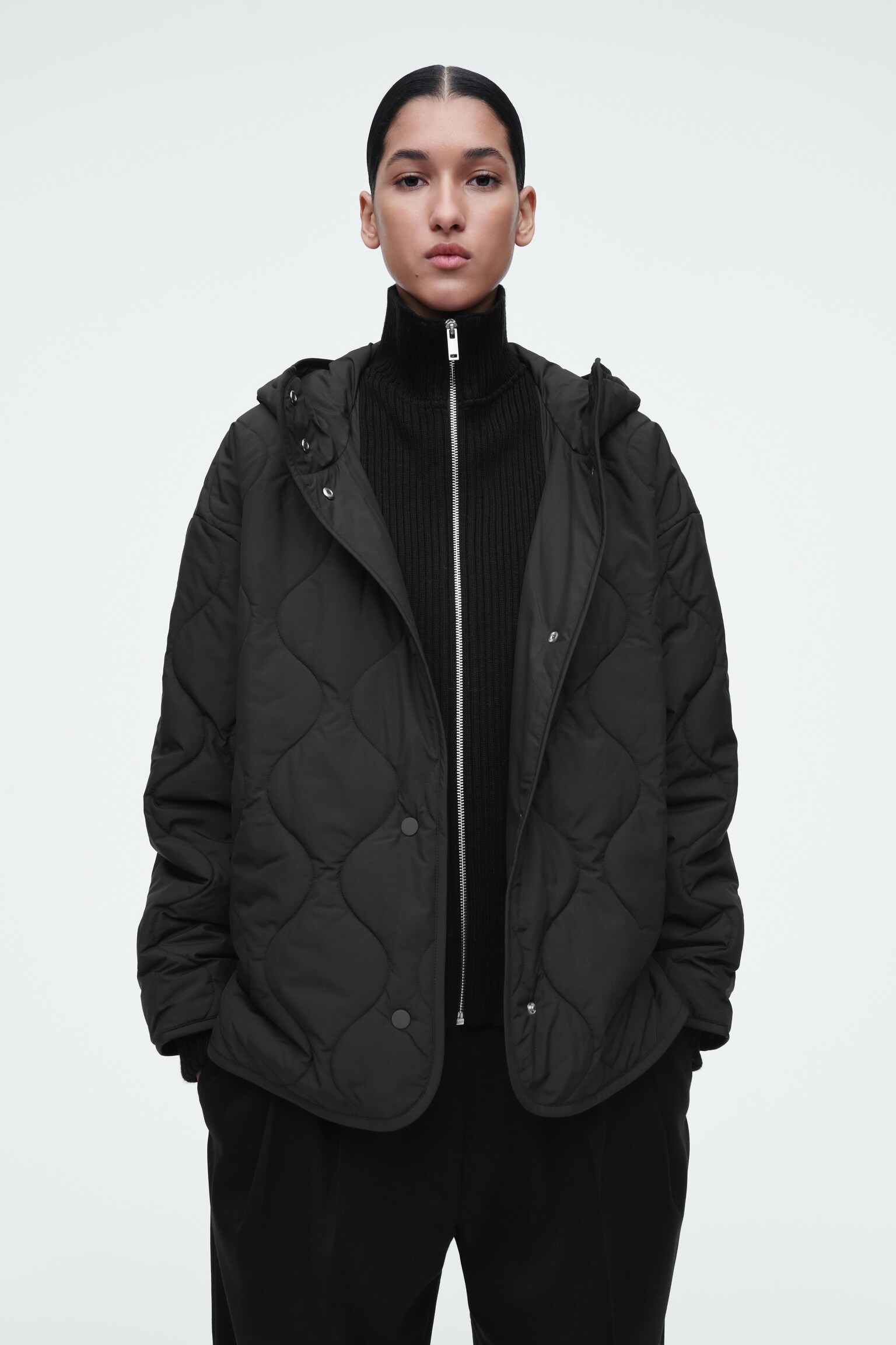 QUILTED HOODED FUNNEL-NECK JACKET - BLACK - 1