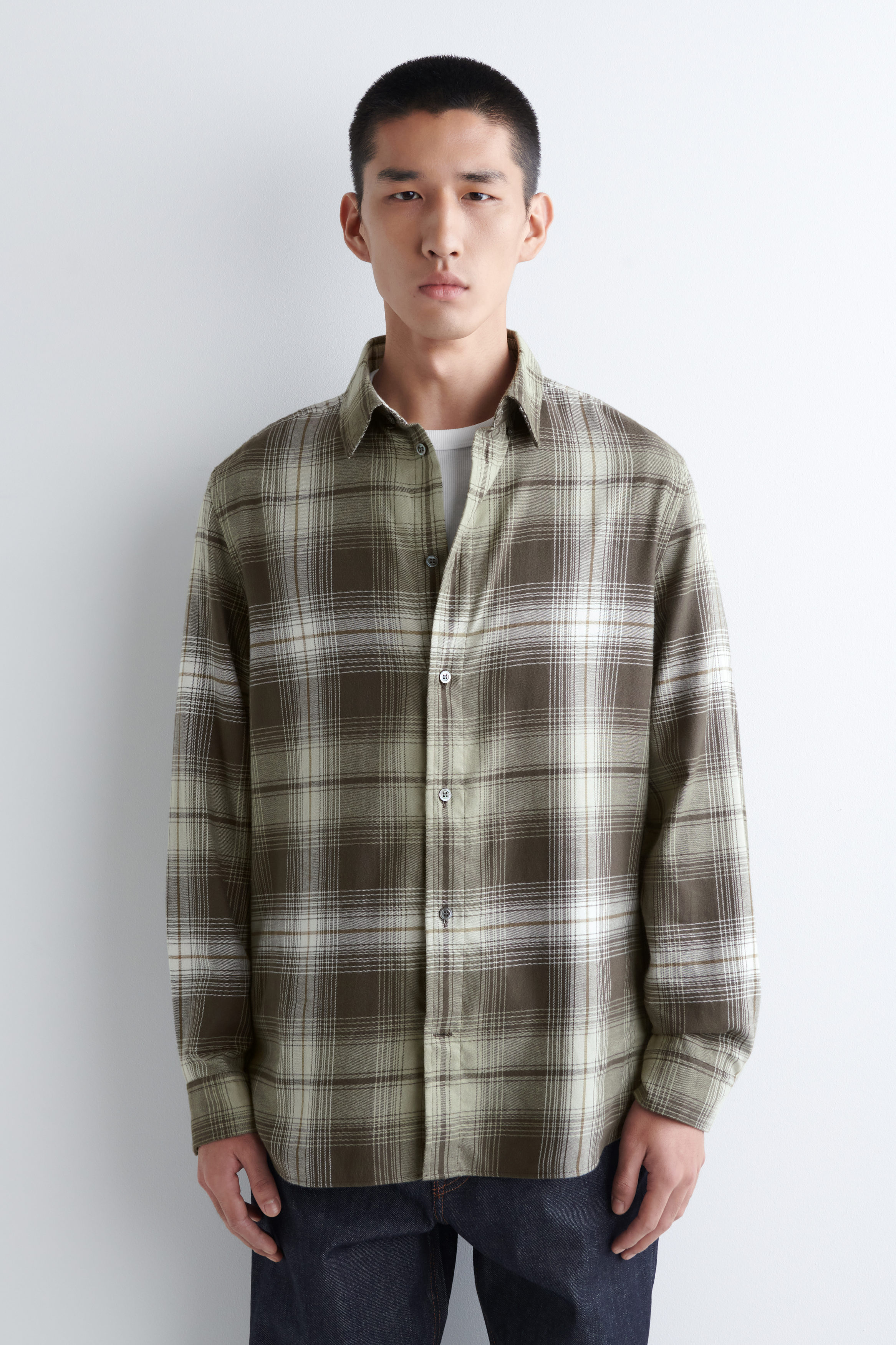 トップス SUBCULTURE COTTON CHECK SHIRT / BROWN Open Collar Shirt ~ Amber Micro Plaid – 3sixteen