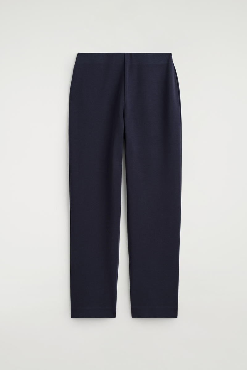 Elasticated Straight-Leg Jersey Trousers in Navy