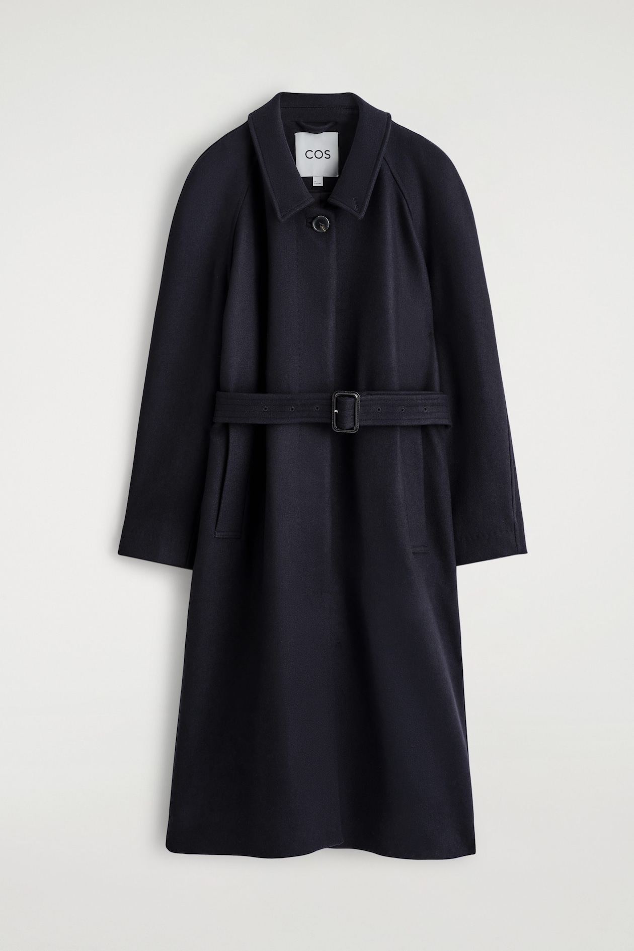 WOOL-BLEND LONG TRENCH COAT — NAVY