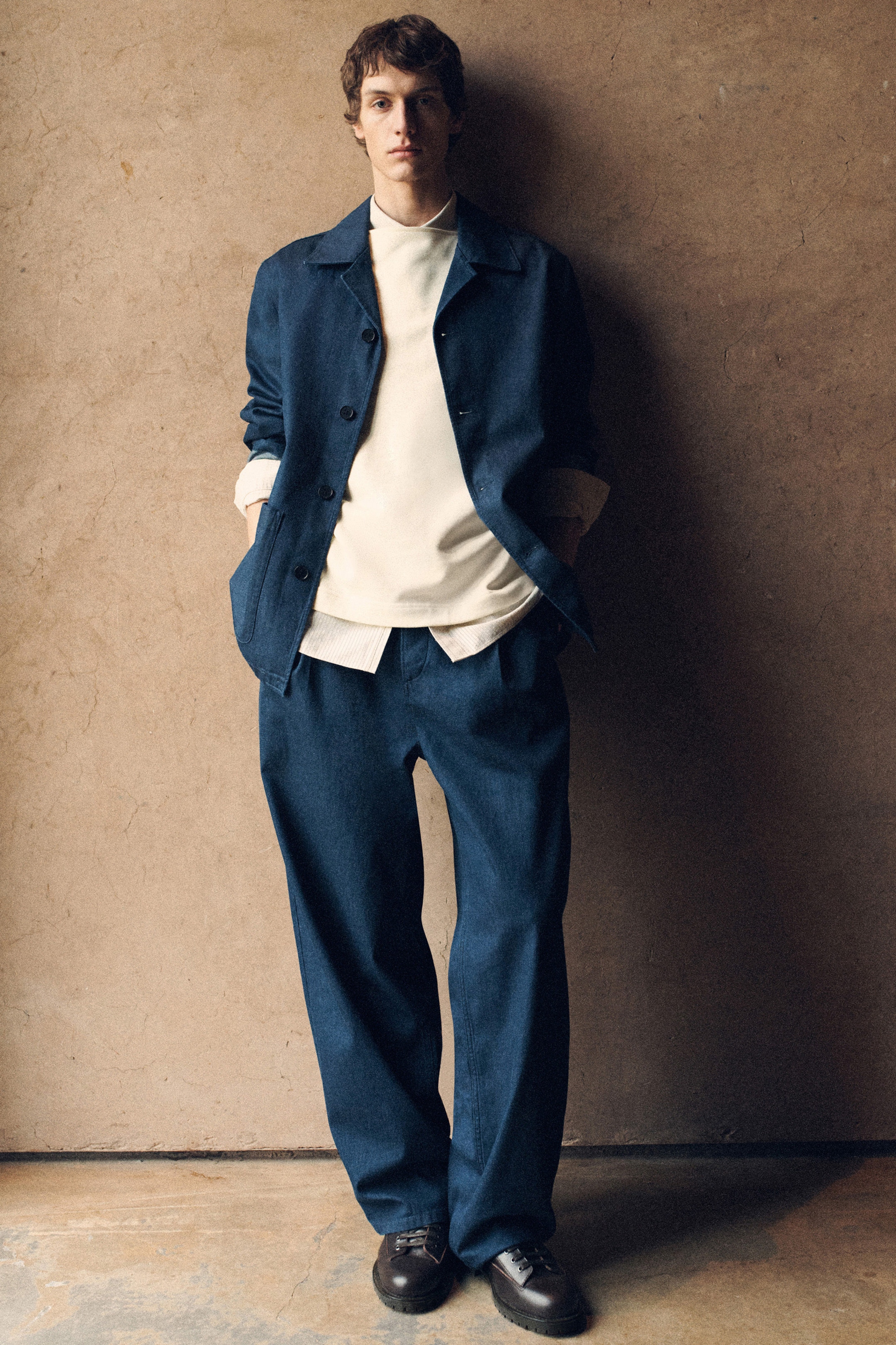 BELTED DENIM RELAXED-FIT BARREL-LEG TROUSERS