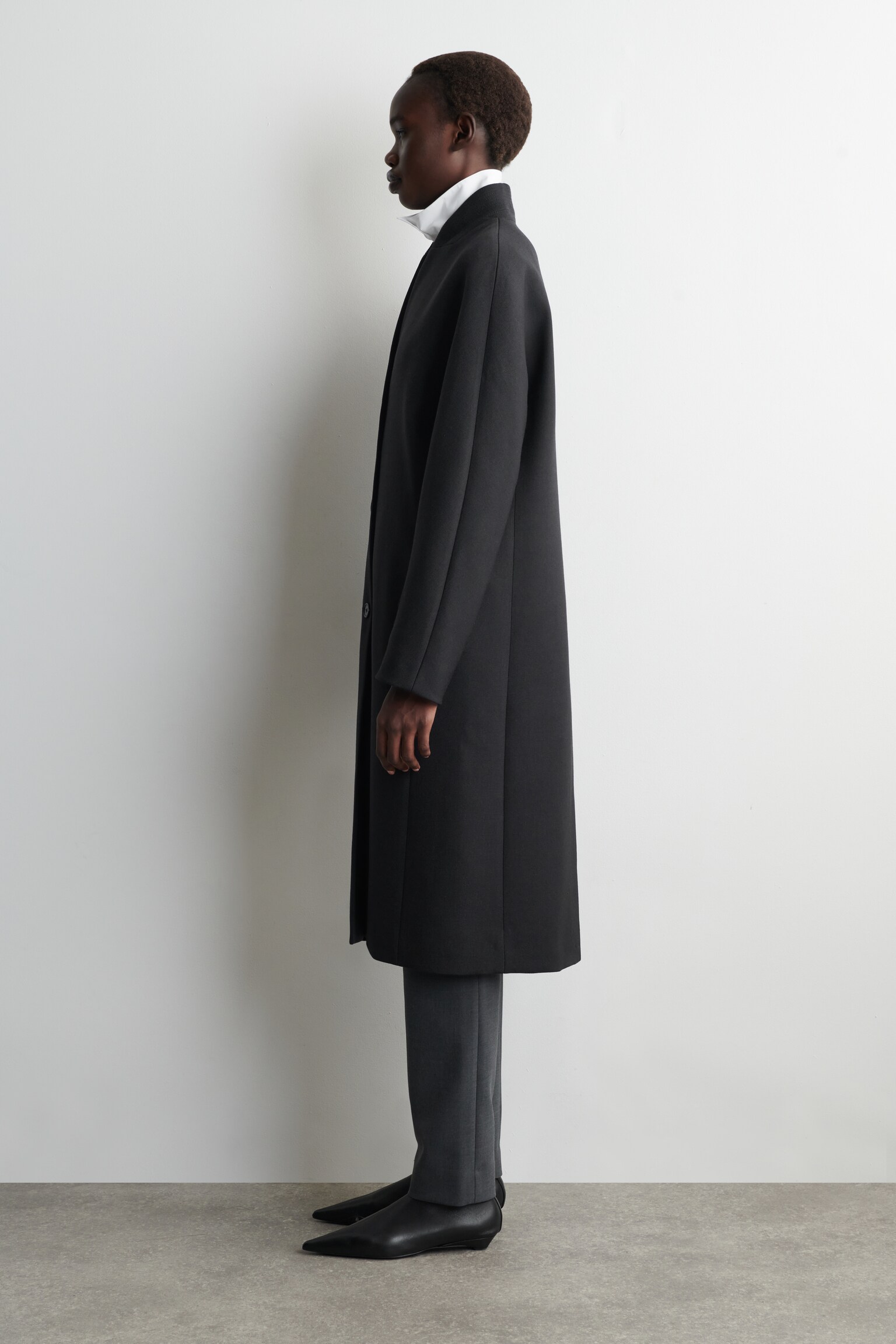 COLLARLESS WOOL-TWILL COAT - DARK GREY - 4